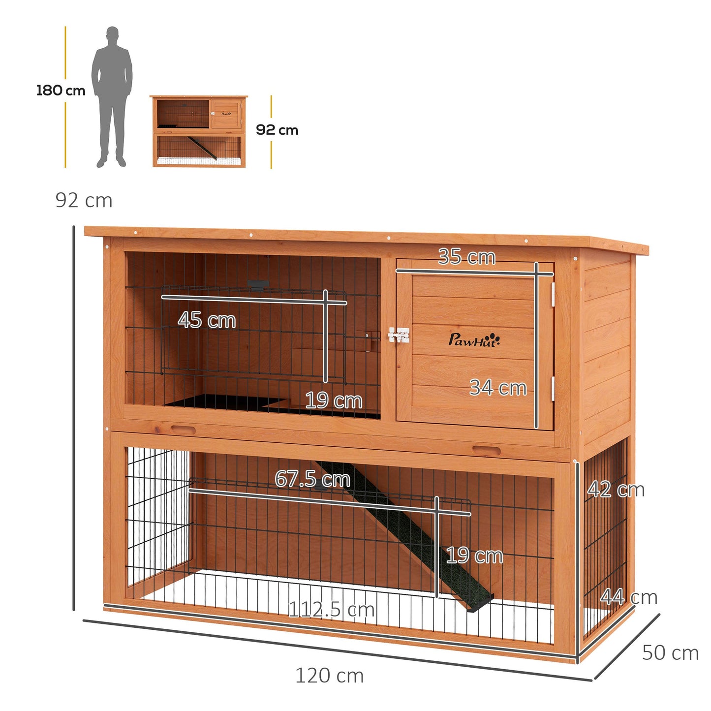 Rabbit Hutch Guinea Pig Hutch Wooden with No-Leak Tray, Asphalt Roof, Antiseptic Wood Outdoor for 1-2 Rabbits 120 x 50 x 92cm - Orange