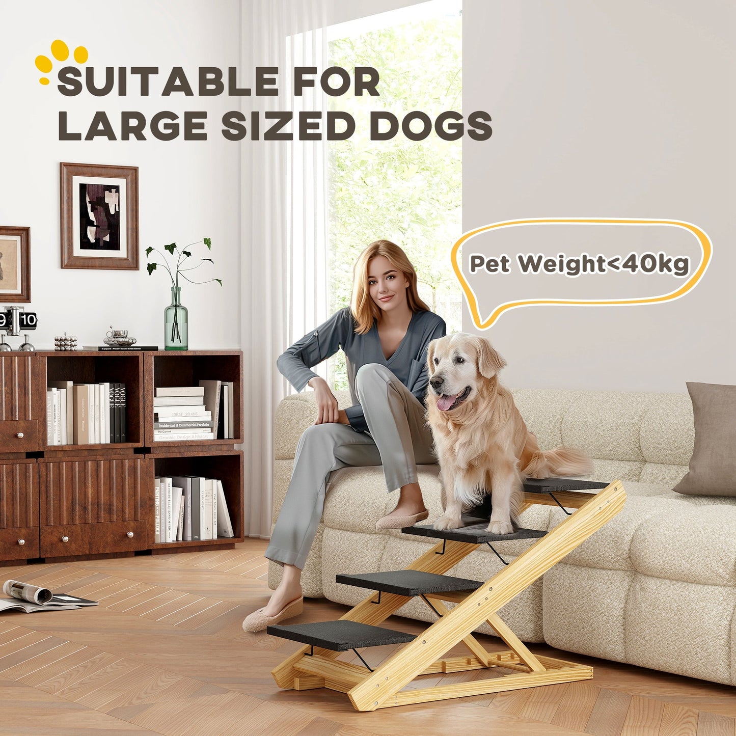 Dog Steps Dog Ramp, 4-Step Adjustable Height Pet Stairs for Large Sized Dogs, Foldable Dog Stairs for Bed Sofa, with Non-slip Surface