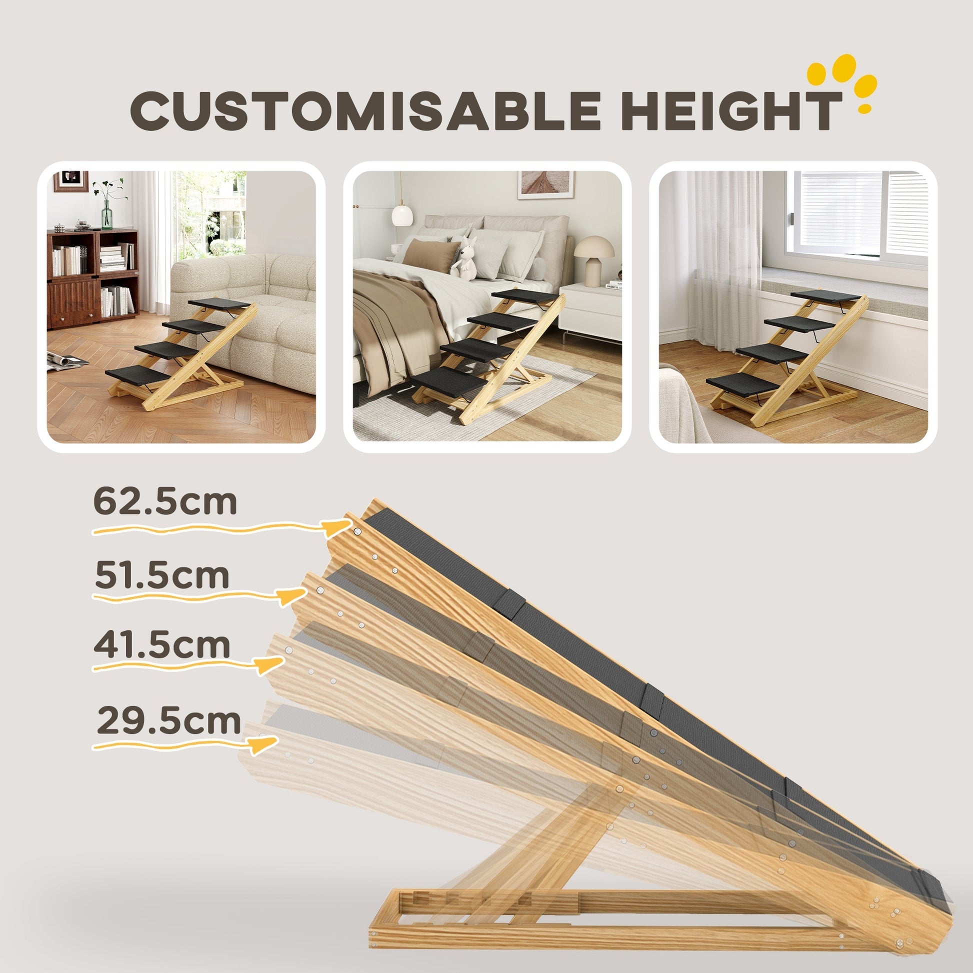 Dog Steps Dog Ramp, 4-Step Adjustable Height Pet Stairs for Large Sized Dogs, Foldable Dog Stairs for Bed Sofa, with Non-slip Surface