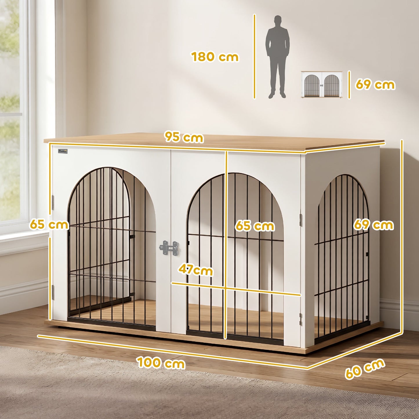Dog Crate Furniture, Indoor Dog Cage with Double Doors for Large Breeds, Pet Kennel End Side Table with Arched Door Design, 100 x 60 x 69 cm, White