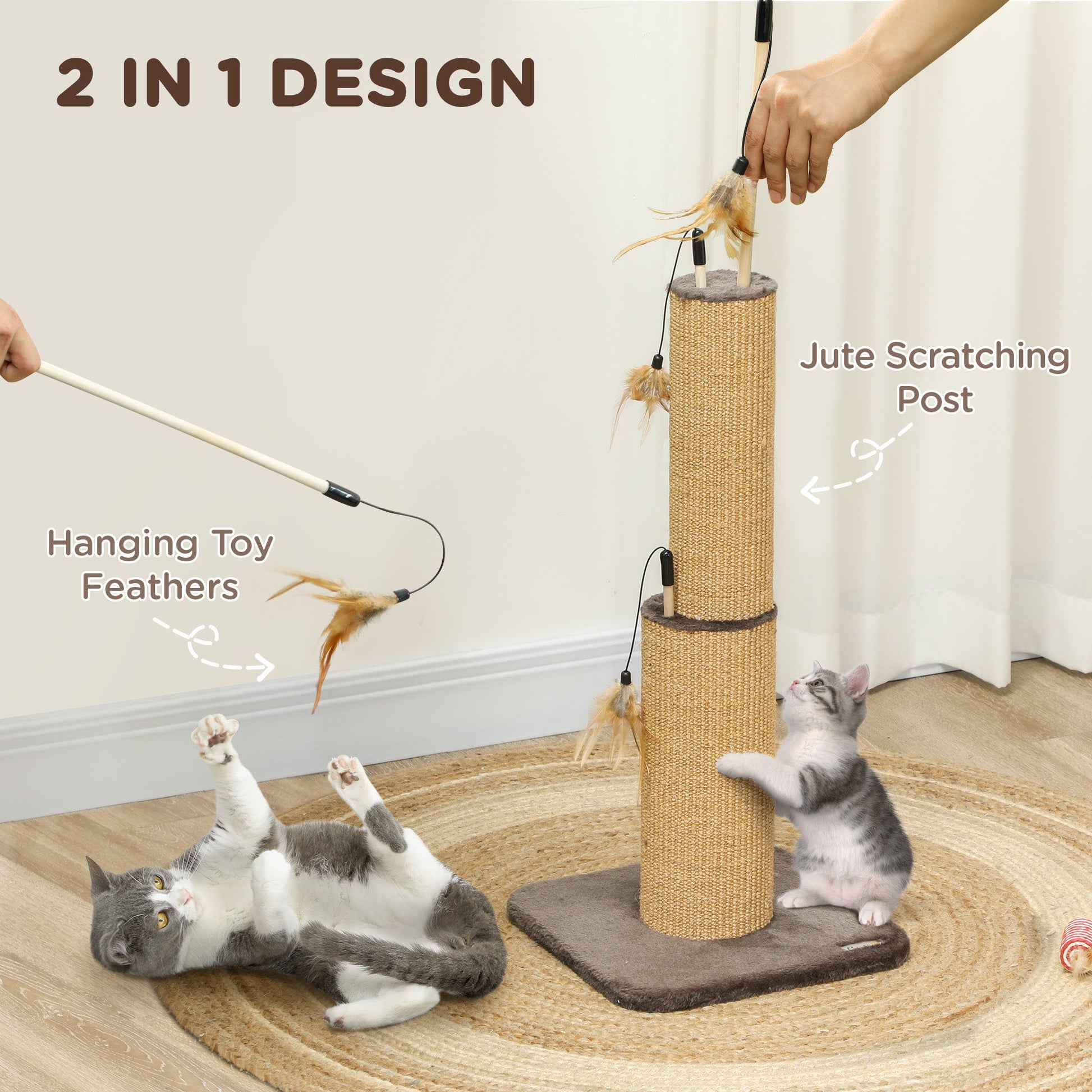 2 in 1 Cat Scratching Post, 78cm Tall Cat Scratch Post with 3 Toy Feathers, Cat Scratcher Post for Indoor Cats and Kittens, Brown