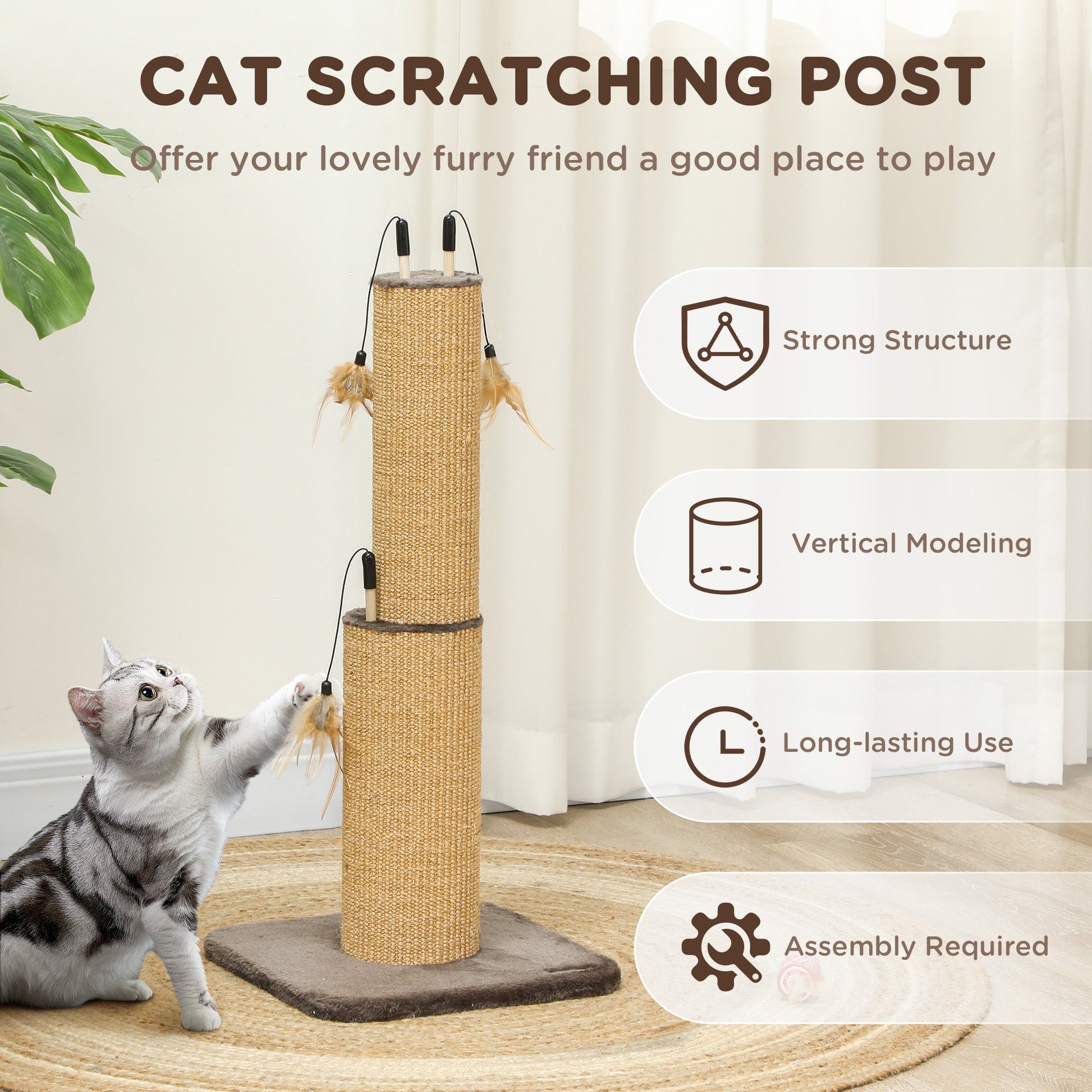 2 in 1 Cat Scratching Post, 78cm Tall Cat Scratch Post with 3 Toy Feathers, Cat Scratcher Post for Indoor Cats and Kittens, Brown