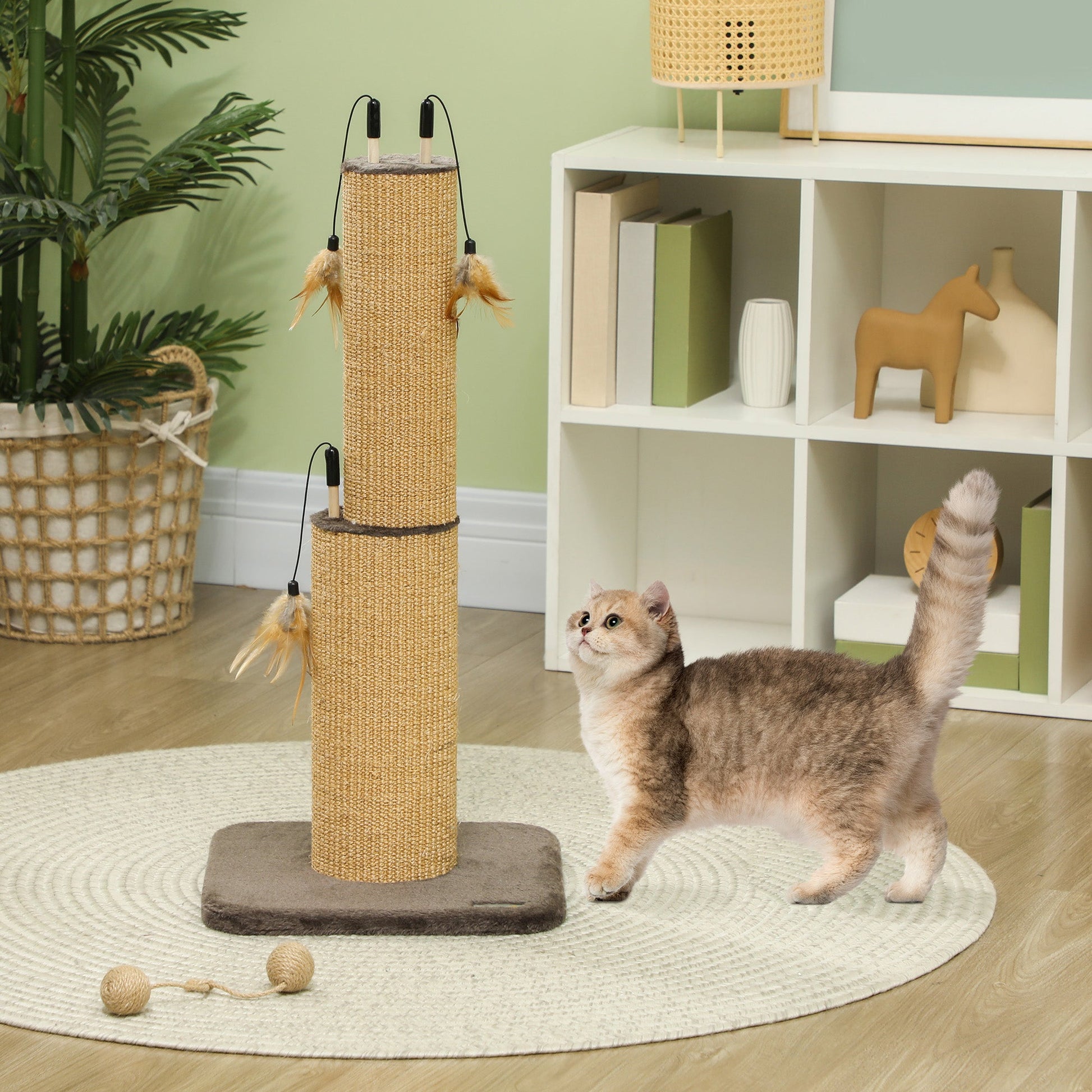 2 in 1 Cat Scratching Post, 78cm Tall Cat Scratch Post with 3 Toy Feathers, Cat Scratcher Post for Indoor Cats and Kittens, Brown