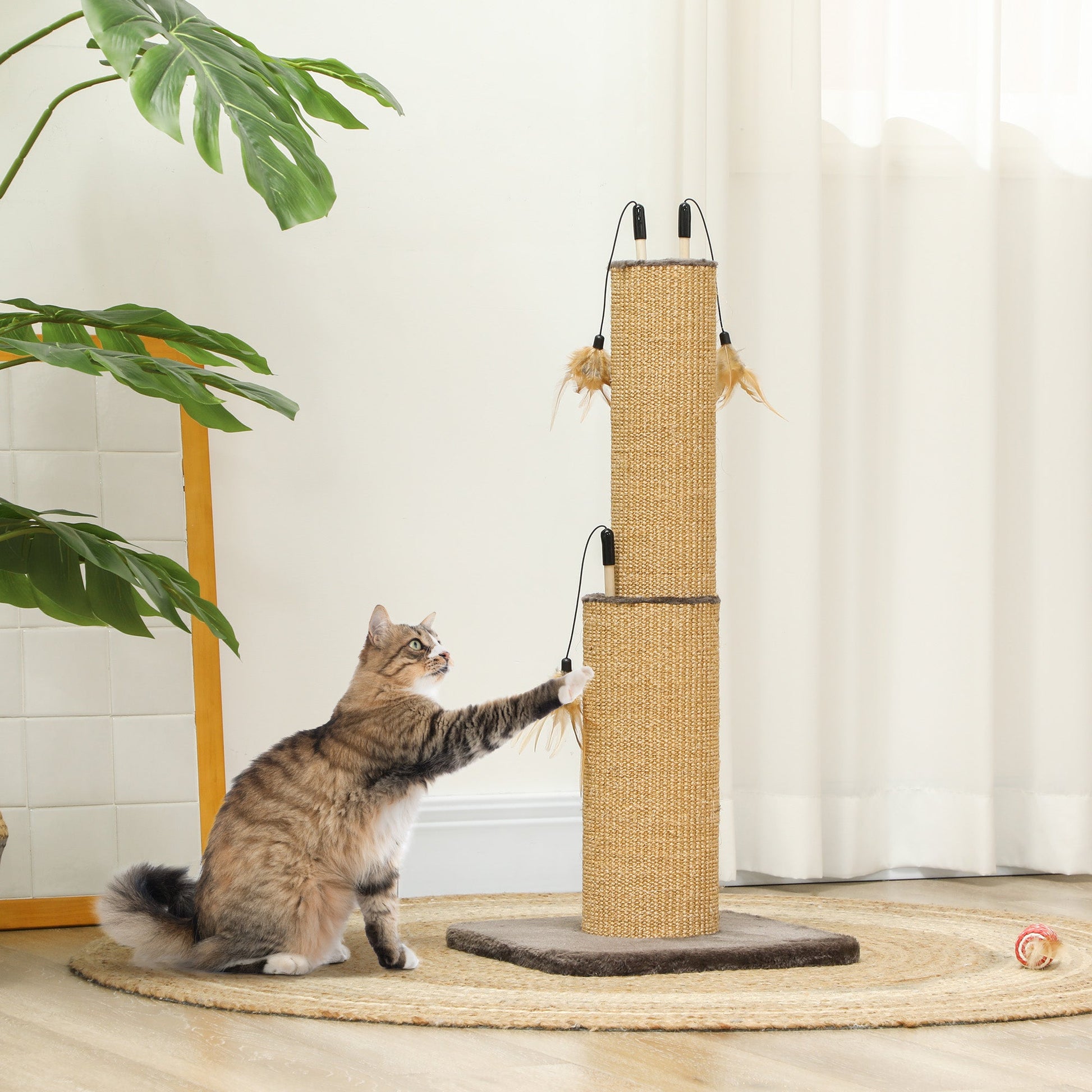 2 in 1 Cat Scratching Post, 78cm Tall Cat Scratch Post with 3 Toy Feathers, Cat Scratcher Post for Indoor Cats and Kittens, Brown