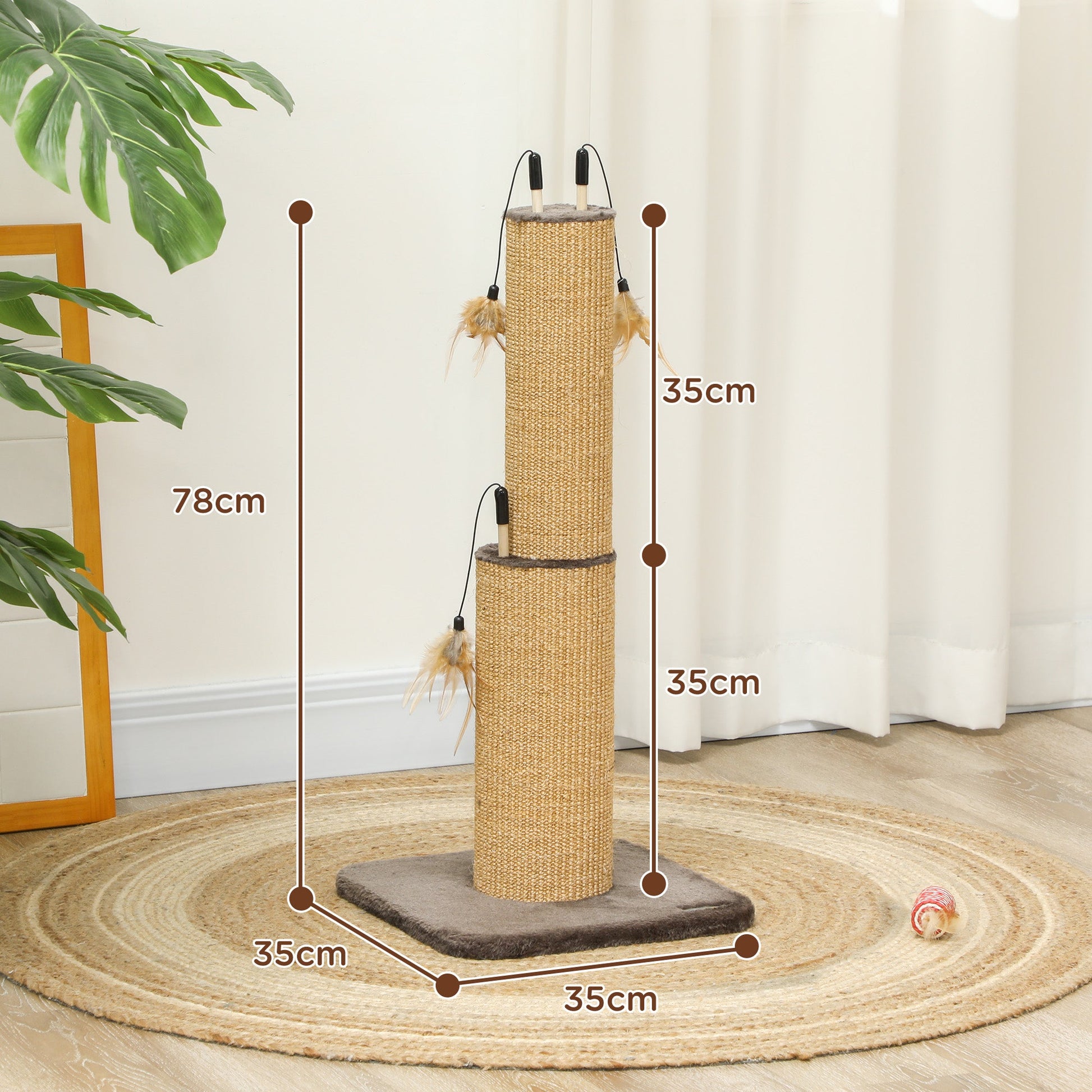 2 in 1 Cat Scratching Post, 78cm Tall Cat Scratch Post with 3 Toy Feathers, Cat Scratcher Post for Indoor Cats and Kittens, Brown