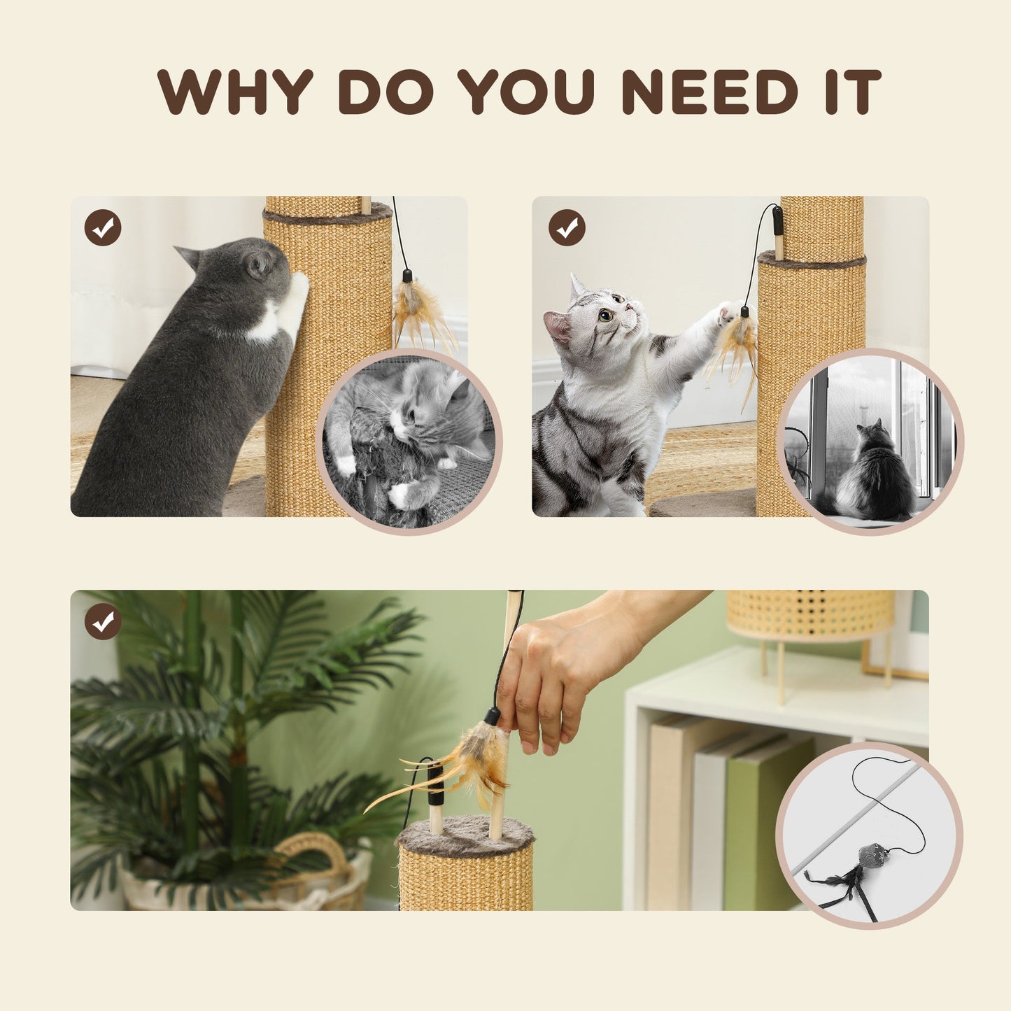 2 in 1 Cat Scratching Post, 78cm Tall Cat Scratch Post with 3 Toy Feathers, Cat Scratcher Post for Indoor Cats and Kittens, Brown