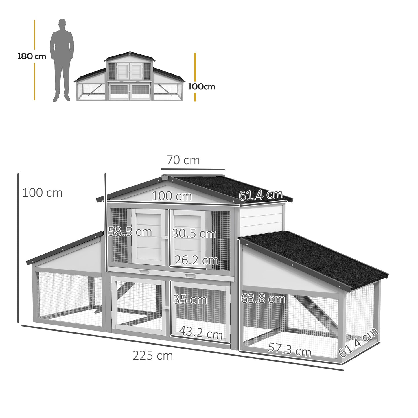 Large Rabbit Hutch with Run, Outdoor Bunny Cage with Tray, Ramp, Wooden Guinea Pig House, Light Grey