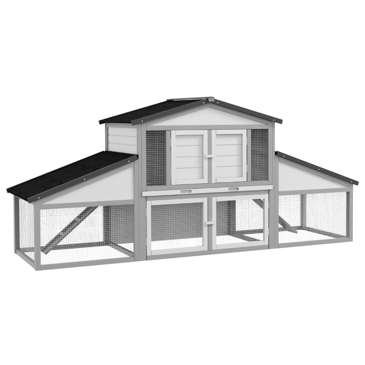 Large Rabbit Hutch with Run, Outdoor Bunny Cage with Tray, Ramp, Wooden Guinea Pig House, Light Grey