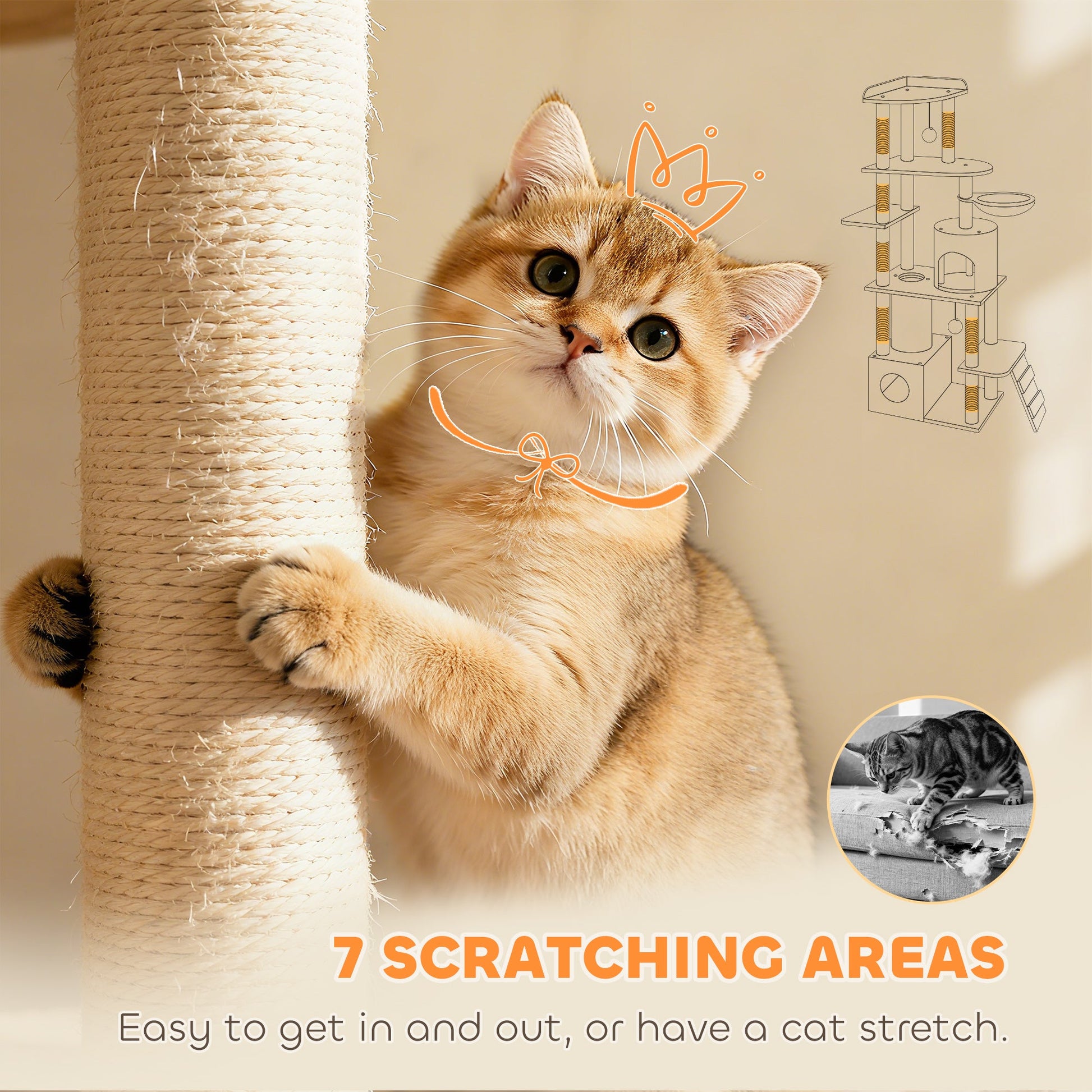 Cat Tree, 170 cm Large Cat Tower with 7 Scratching Posts, 1 Tunnel, 2 Condos, 1 Hammock, 1 Perch, 1 Ramp, 3 Platforms, 2 Pompoms, Multi-Level Kitty House for Indoor Kittens, Light Grey
