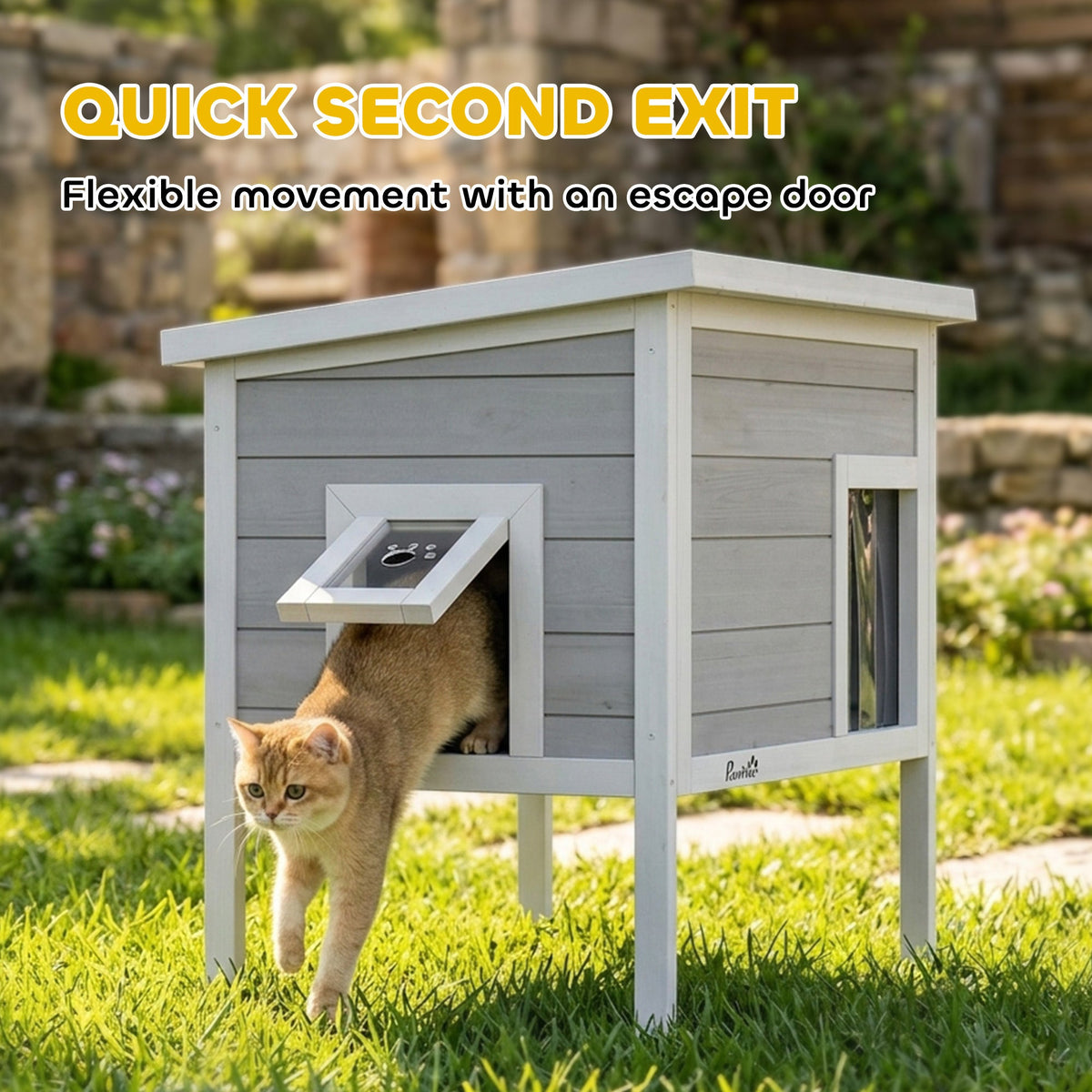 Outdoor Cat House Weatherproof with Removable Insulated Liner, Raised Wooden Cat House, Insulated Cat Shelter, Outdoor Use, Waterproof Asphalt Roof, Escape Door, Opening Top