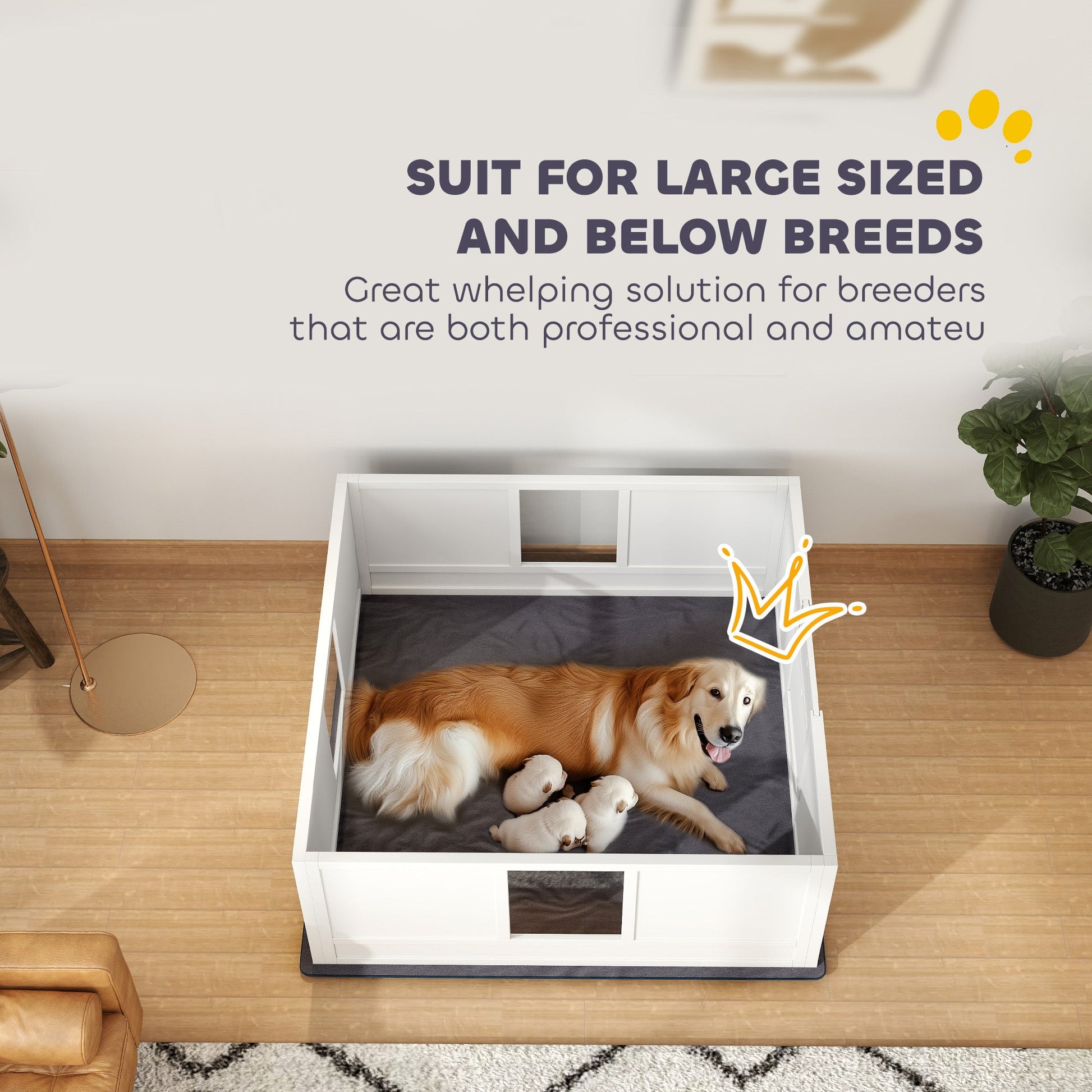 Whelping Box for Dogs, Dog Whelping Box Dog Playpen Fence Exercise Play Pen with Waterproof Washable Whelping Pad, Adjustable Entrance, Non-Slip Pads, for Large Dogs and Puppies, 124 x 120cm