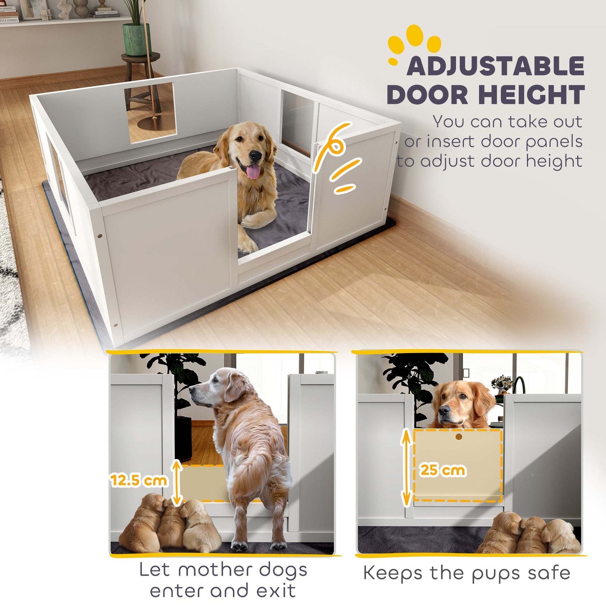 Whelping Box for Dogs, Dog Whelping Box Dog Playpen Fence Exercise Play Pen with Waterproof Washable Whelping Pad, Adjustable Entrance, Non-Slip Pads, for Large Dogs and Puppies, 124 x 120cm