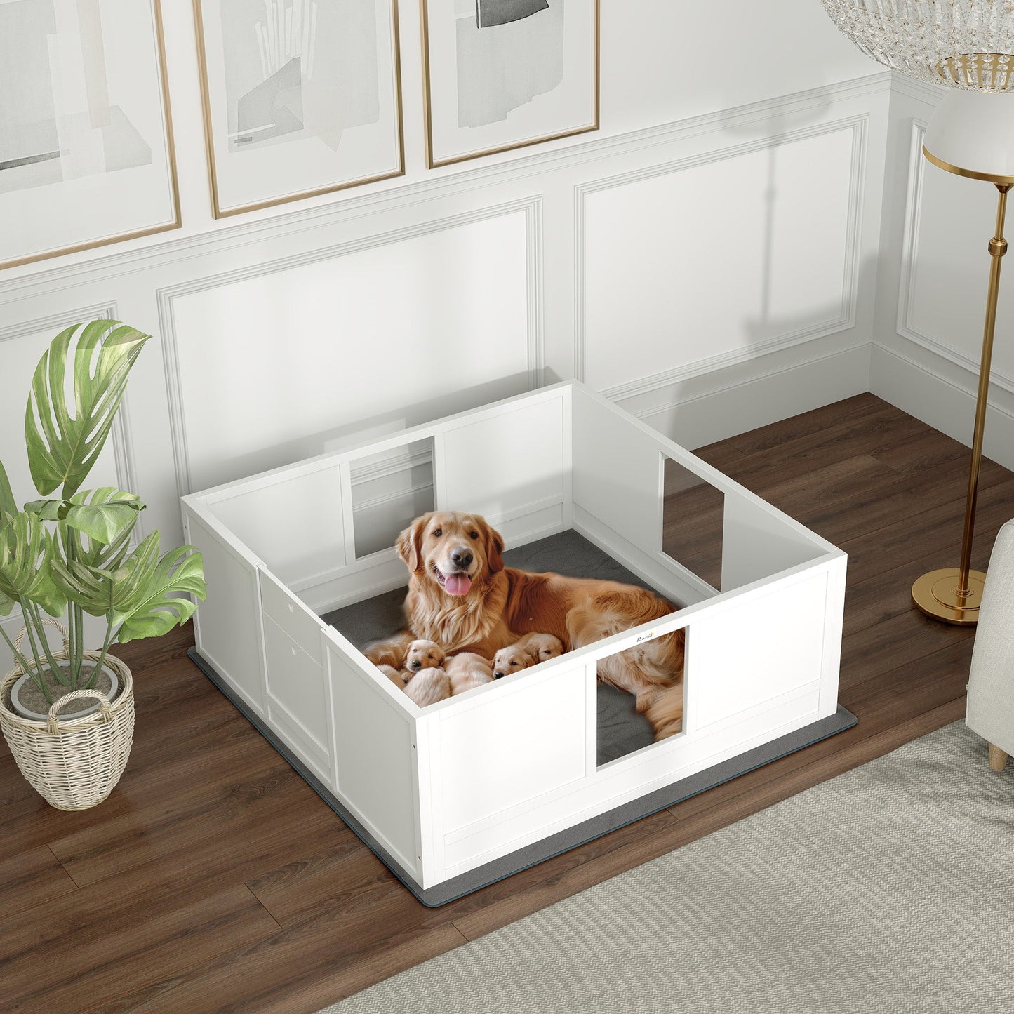 Whelping Box for Dogs, Dog Whelping Box Dog Playpen Fence Exercise Play Pen with Waterproof Washable Whelping Pad, Adjustable Entrance, Non-Slip Pads, for Large Dogs and Puppies, 124 x 120cm