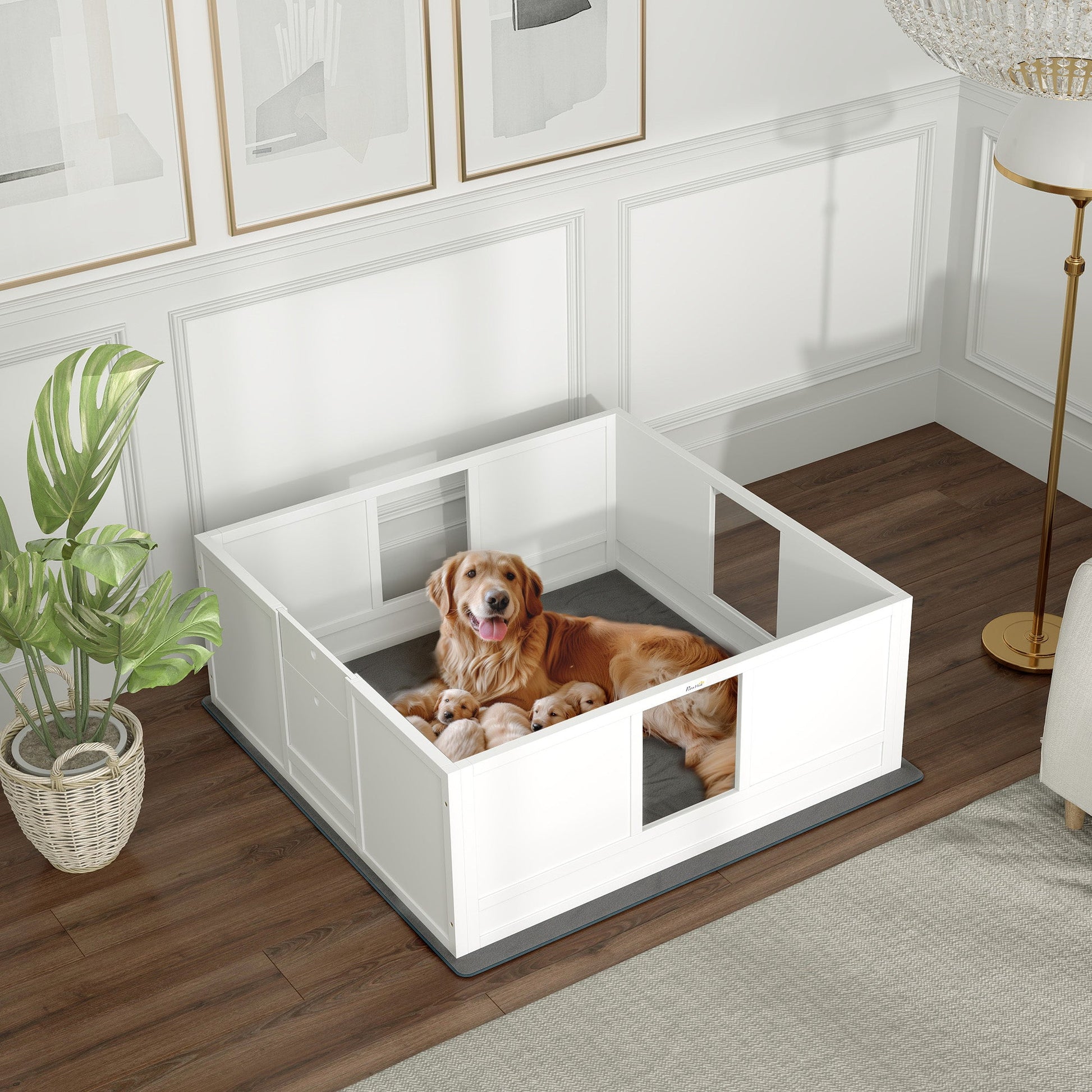 Whelping Box for Dogs, Dog Whelping Box Dog Playpen Fence Exercise Play Pen with Waterproof Washable Whelping Pad, Adjustable Entrance, Non-Slip Pads, for Large Dogs and Puppies, 124 x 120cm