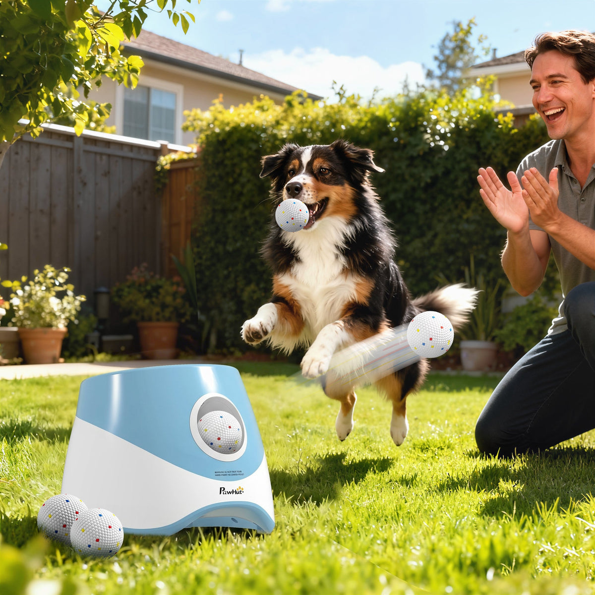 Automatic Dog Ball Launcher with 5 ETPU Balls, Dog Ball Thrower with 3 Distance Settings (6/10/14 m), Indoor Outdoor Interactive Toy for Small Medium Dogs, Blue