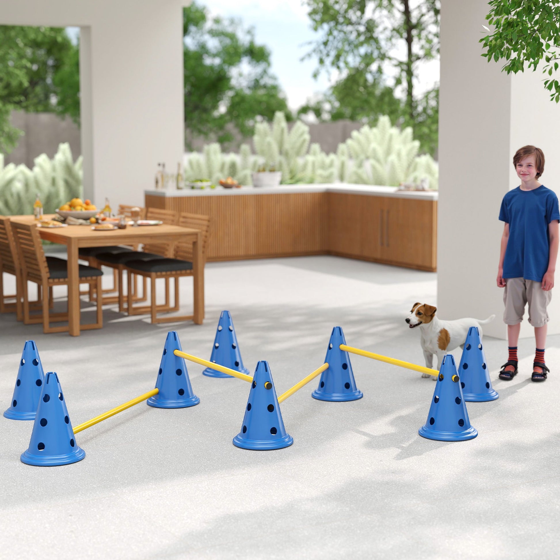 Dog Agility Equipment Set, Portable Pet Jump Training Kit for Eight Cones, Eight Poles with Carry Bag, Four-Piece Adjustable Height Jumping Obstacles, Blue