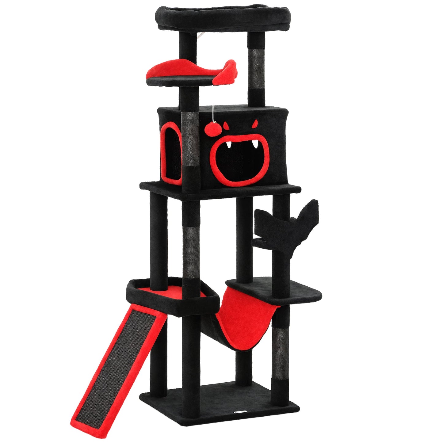 Gothic Cat Tree, 152 cm Multi-Level Cat Tower for Indoor Large Kittens with 1 Coffin Bed, 1 Hammock, 1 Condo, 2 Perches, Sisal Scratching Posts, 1 Scratching Ramp, Toy Ball, Black, Halloween