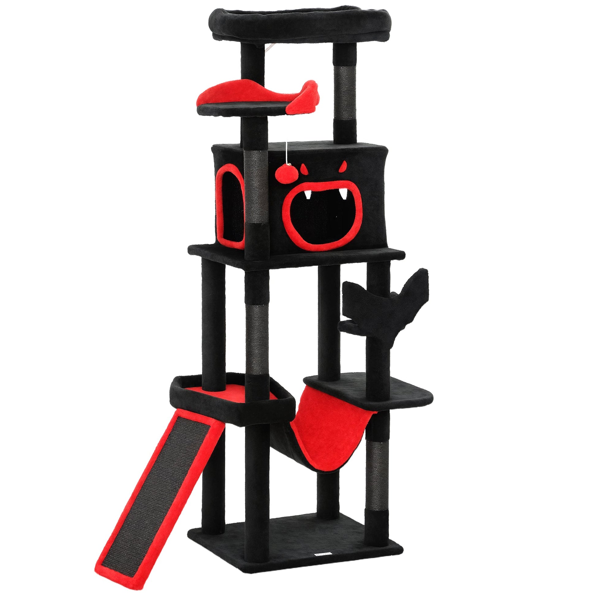 Gothic Cat Tree, 152 cm Multi-Level Cat Tower for Indoor Large Kittens with 1 Coffin Bed, 1 Hammock, 1 Condo, 2 Perches, Sisal Scratching Posts, 1 Scratching Ramp, Toy Ball, Black, Halloween