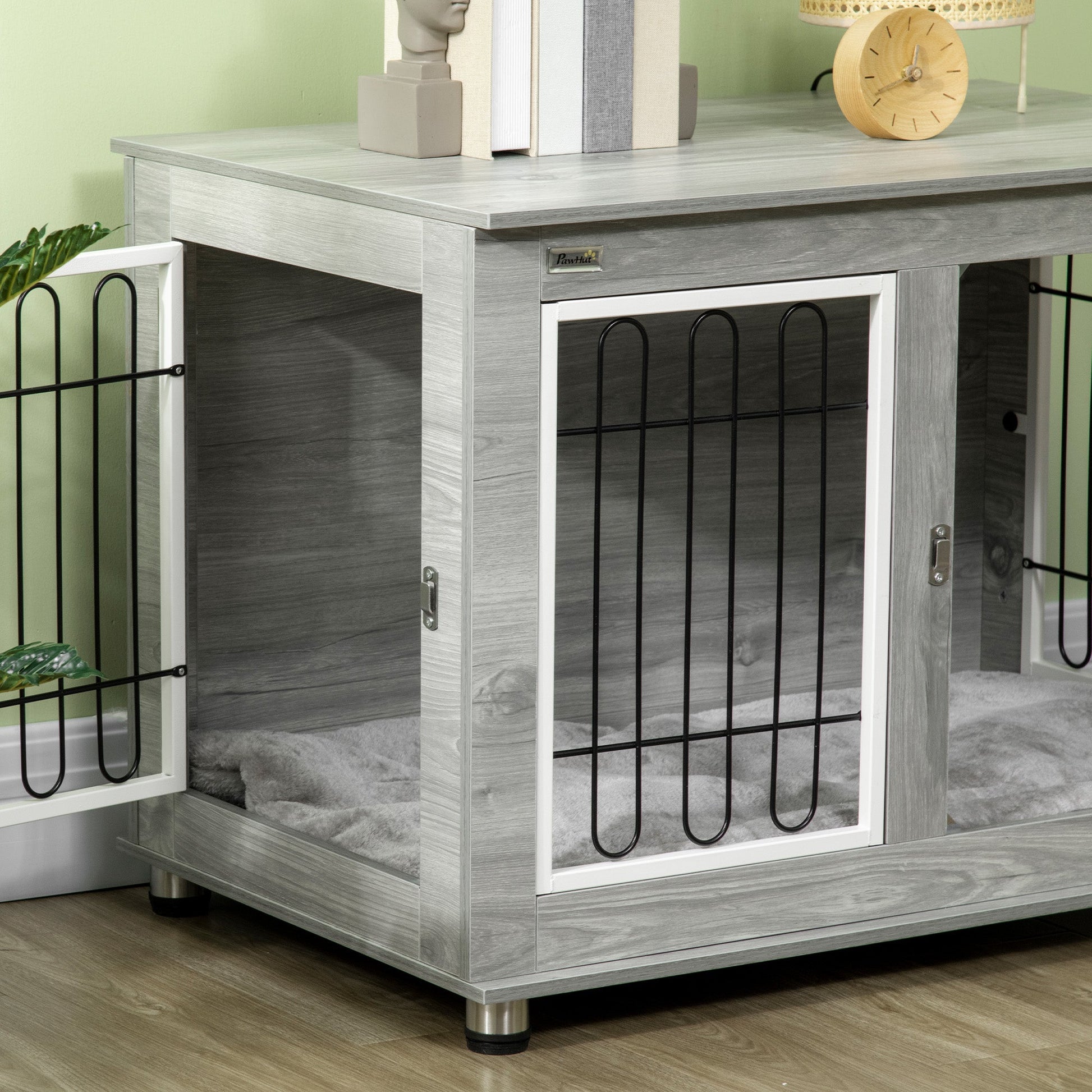 Dog Crate Furniture, Side End Table, Indoor Dog Kennel with Soft Washable Cushion, Wire Mesh, Large Top, for Medium and Large Dogs,90 x 58 x 65, Grey