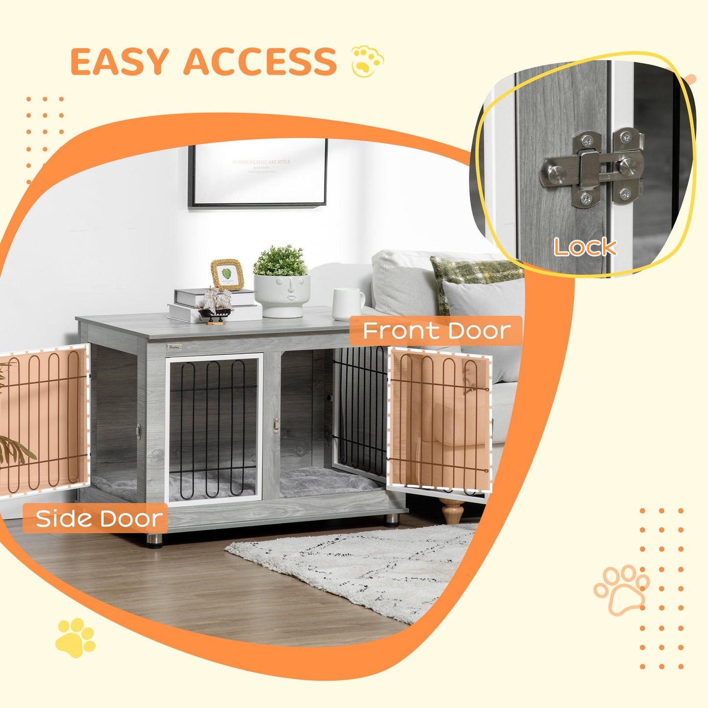 Dog Crate Furniture, Side End Table, Indoor Dog Kennel with Soft Washable Cushion, Wire Mesh, Large Top, for Medium and Large Dogs,90 x 58 x 65, Grey