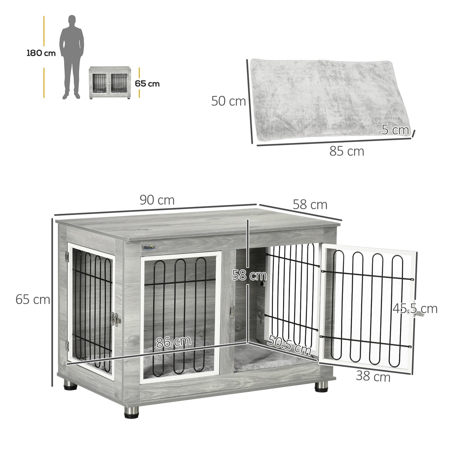 Dog Crate Furniture, Side End Table, Indoor Dog Kennel with Soft Washable Cushion, Wire Mesh, Large Top, for Medium and Large Dogs,90 x 58 x 65, Grey