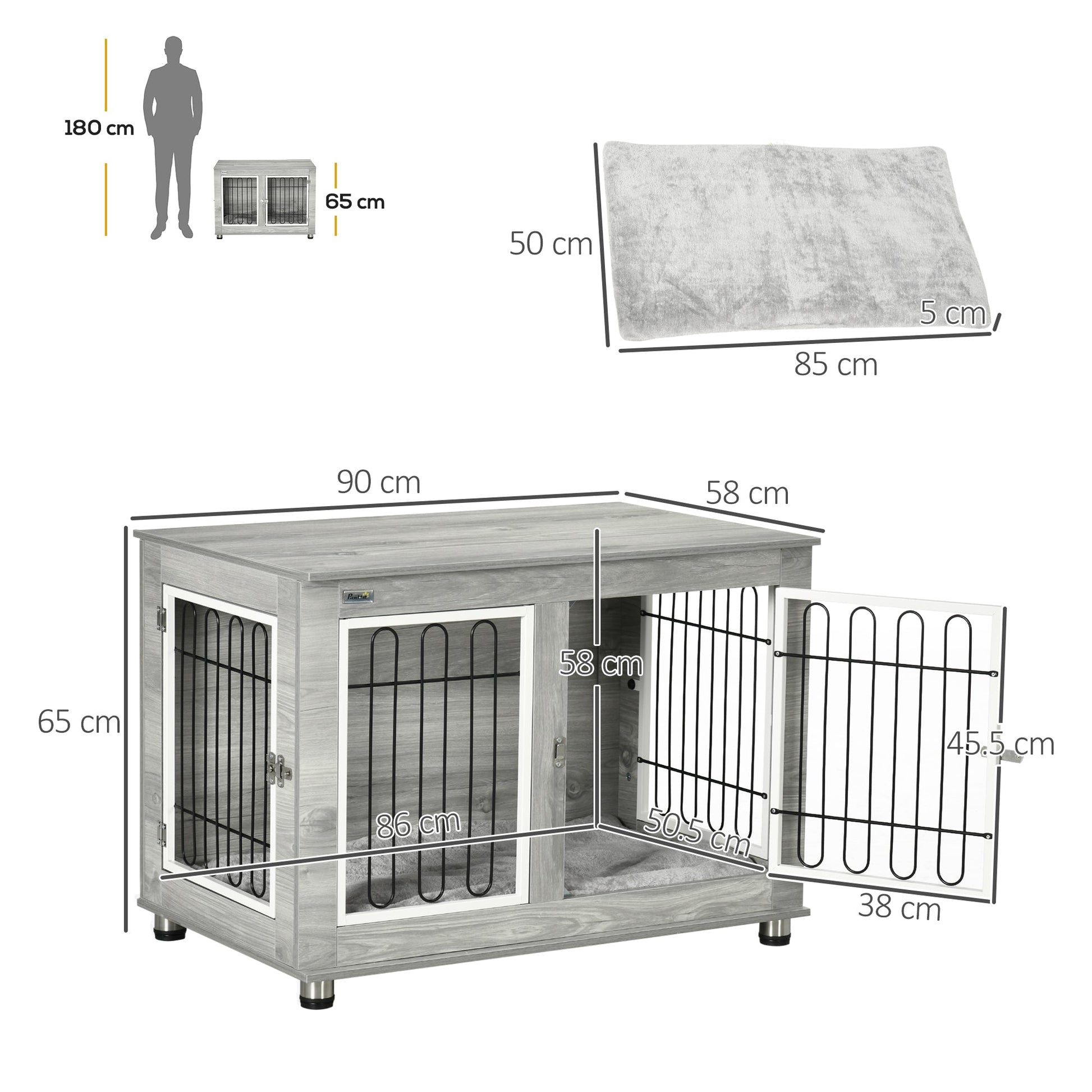 Dog Crate Furniture, Side End Table, Indoor Dog Kennel with Soft Washable Cushion, Wire Mesh, Large Top, for Medium and Large Dogs,90 x 58 x 65, Grey