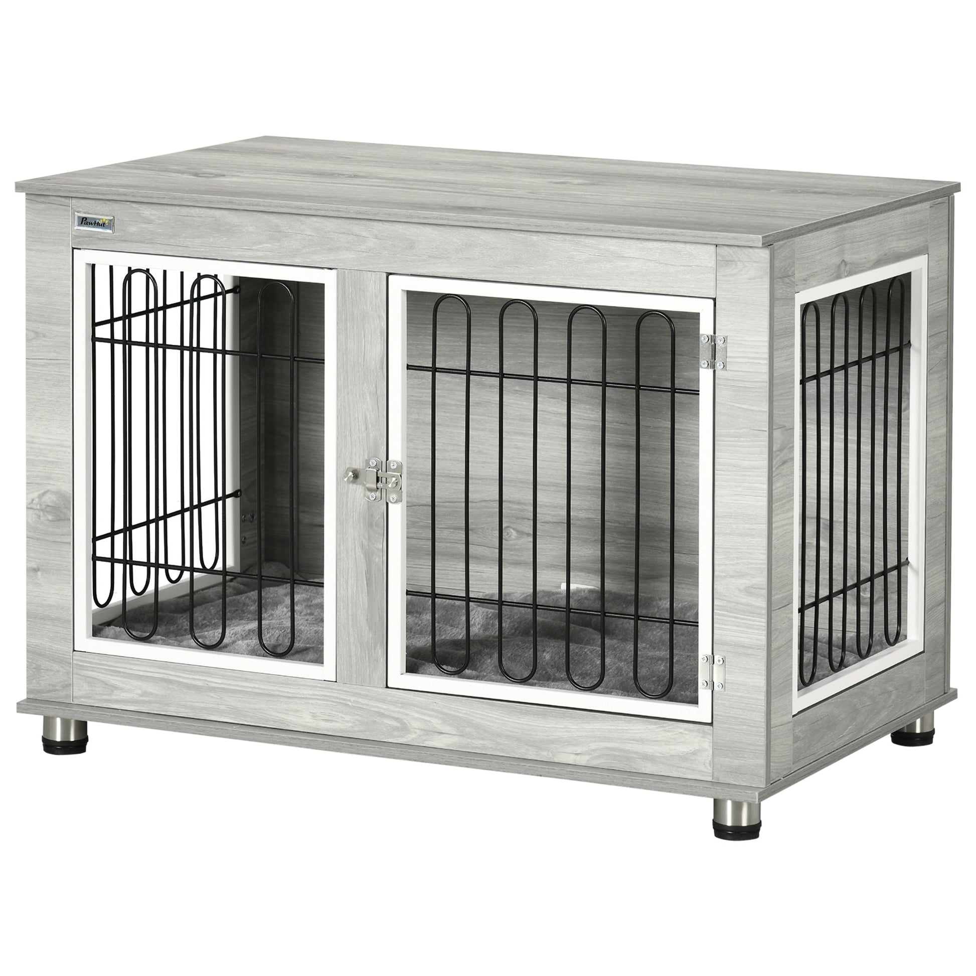 Dog Crate Furniture, Side End Table, Indoor Dog Kennel with Soft Washable Cushion, Wire Mesh, Large Top, for Medium and Large Dogs,90 x 58 x 65, Grey