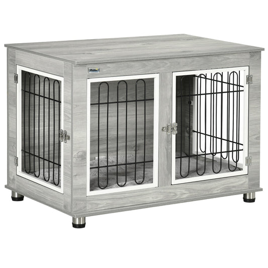 Dog Crate Furniture, Side End Table, Indoor Dog Kennel with Soft Washable Cushion, Wire Mesh, Large Top, for Medium and Large Dogs,90 x 58 x 65, Grey