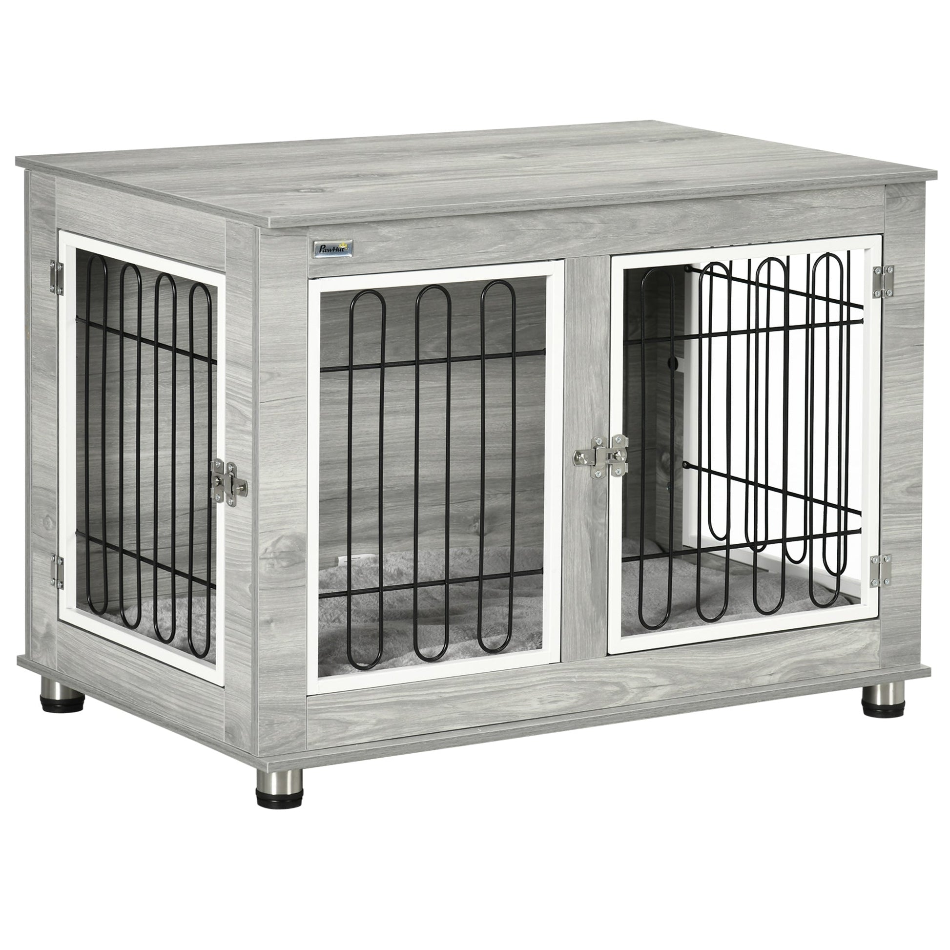 Dog Crate Furniture, Side End Table, Indoor Dog Kennel with Soft Washable Cushion, Wire Mesh, Large Top, for Medium and Large Dogs,90 x 58 x 65, Grey