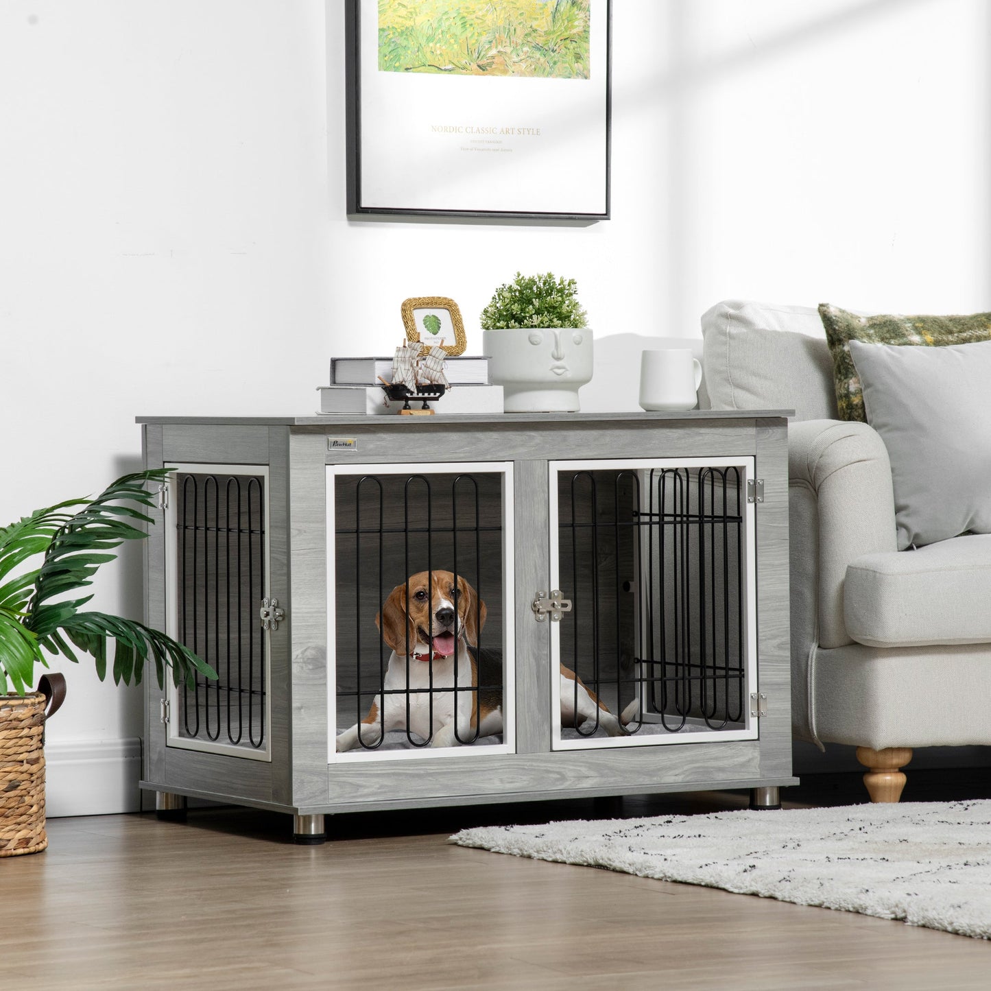 Dog Crate Furniture, Side End Table, Indoor Dog Kennel with Soft Washable Cushion, Wire Mesh, Large Top, for Medium and Large Dogs,90 x 58 x 65, Grey
