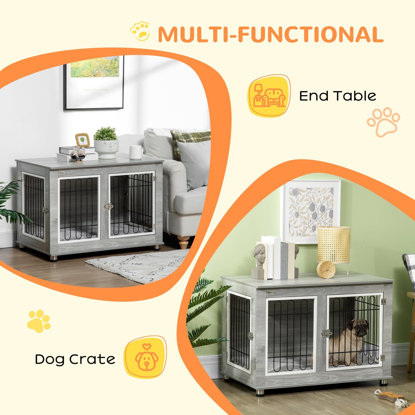 Dog Crate Furniture, Side End Table, Indoor Dog Kennel with Soft Washable Cushion, Wire Mesh, Large Top, for Medium and Large Dogs,90 x 58 x 65, Grey