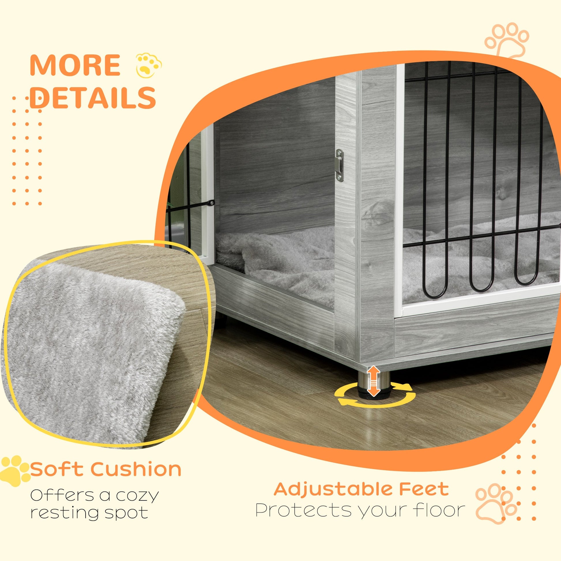 Dog Crate Furniture, Side End Table, Indoor Dog Kennel with Soft Washable Cushion, Wire Mesh, Large Top, for Medium and Large Dogs,90 x 58 x 65, Grey