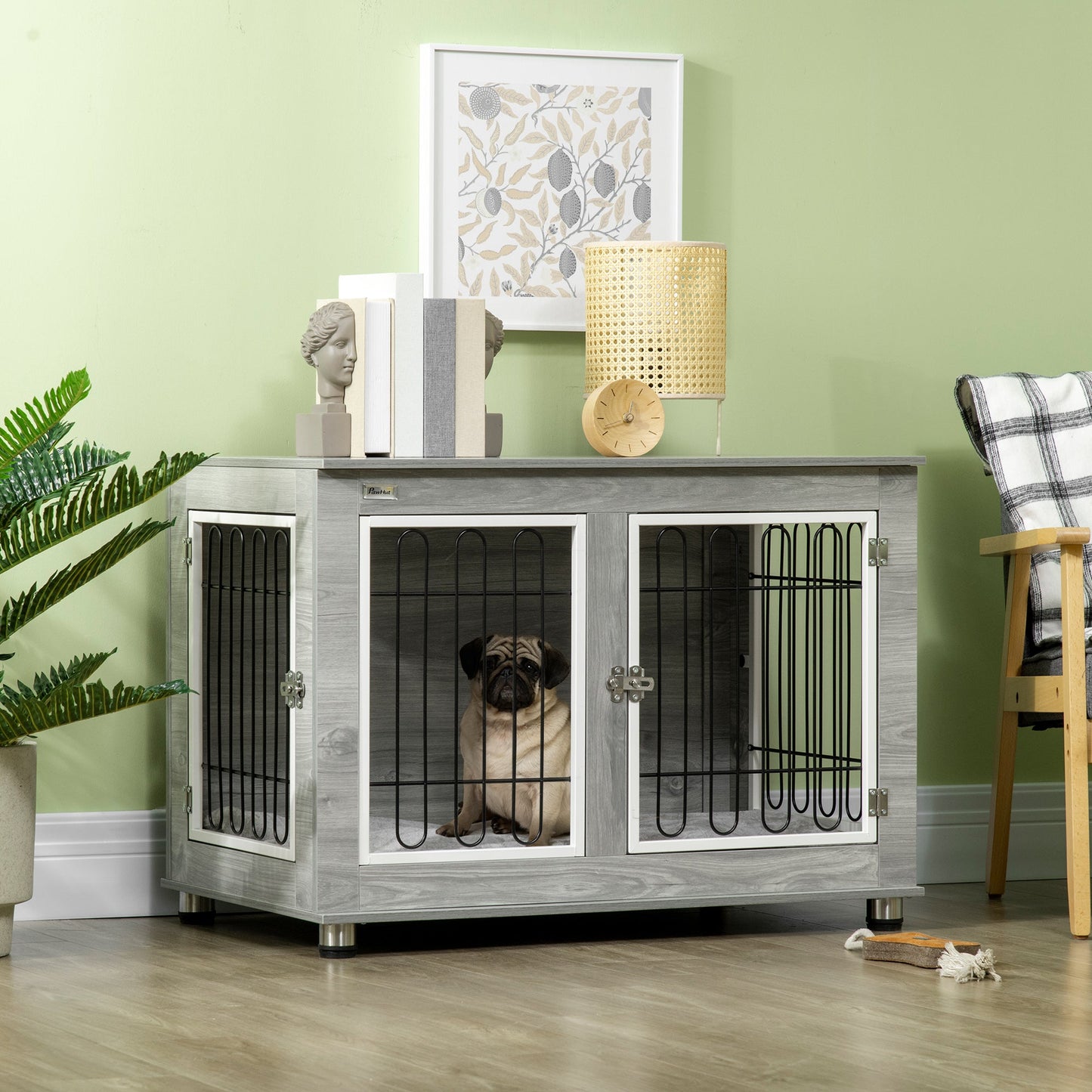 Dog Crate Furniture, Side End Table, Indoor Dog Kennel with Soft Washable Cushion, Wire Mesh, Large Top, for Medium and Large Dogs,90 x 58 x 65, Grey
