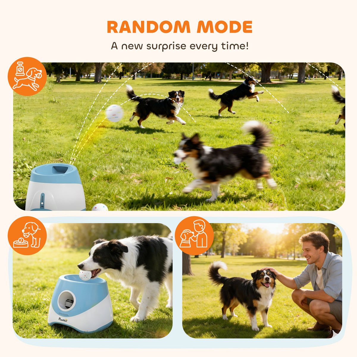 Automatic Dog Ball Launcher with 5 ETPU Balls, Dog Ball Thrower with 3 Distance Settings (6/10/14 m), Indoor Outdoor Interactive Toy for Small Medium Dogs, Blue