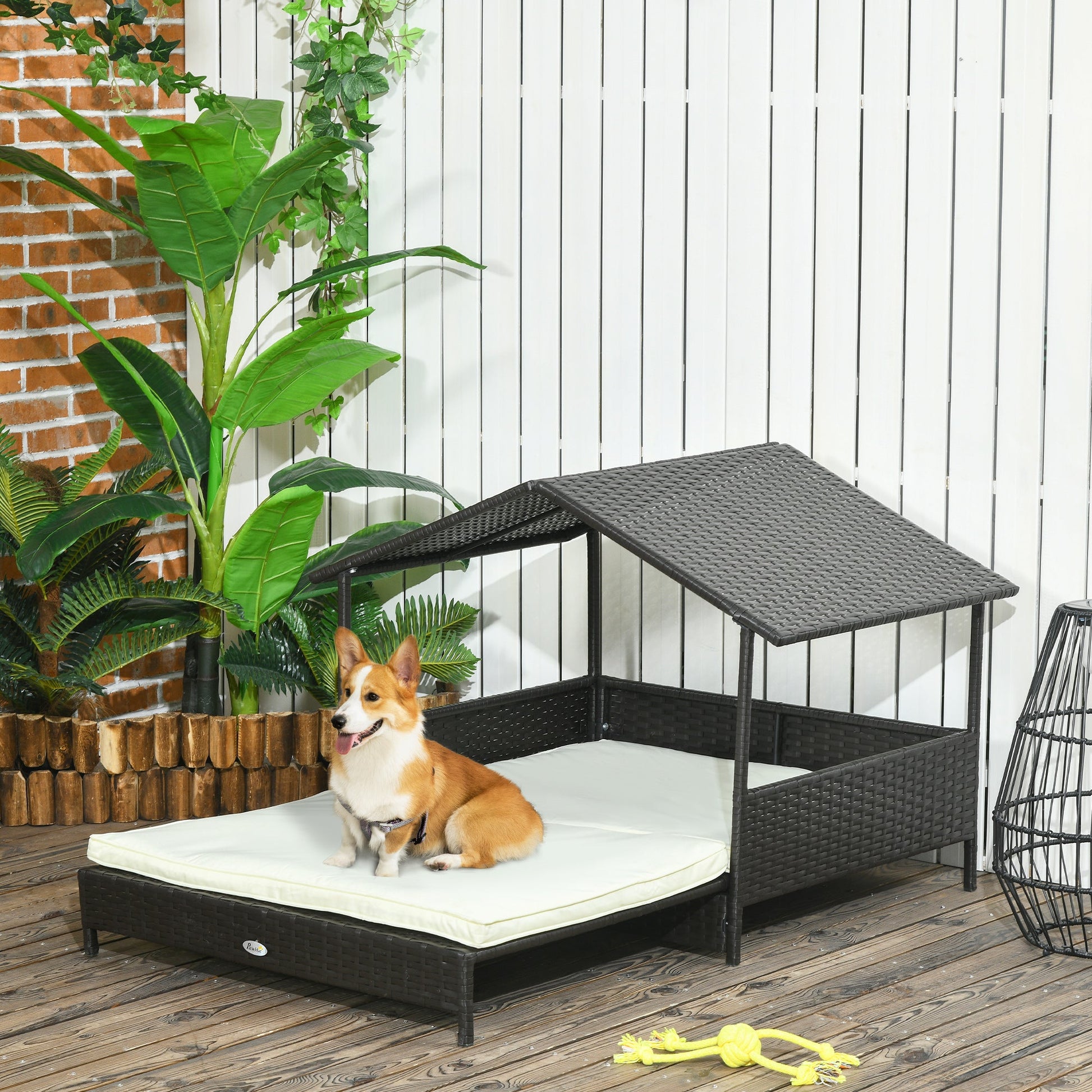 Rattan Dog House, Extendable Outdoor Wicker Dog Bed w/ Water-Resistant Roof, Removable Cushion, for Small and Medium Dogs - Cream White