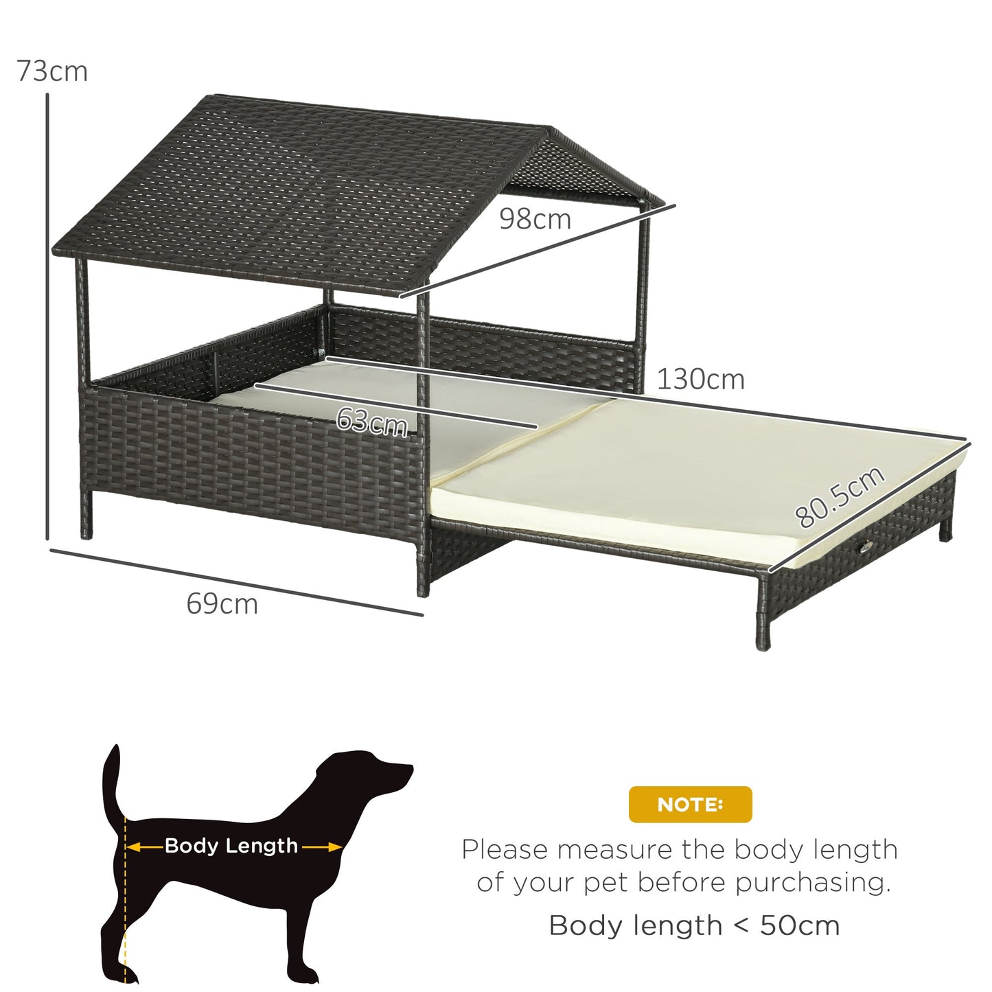 Rattan Dog House, Extendable Outdoor Wicker Dog Bed w/ Water-Resistant Roof, Removable Cushion, for Small and Medium Dogs - Cream White