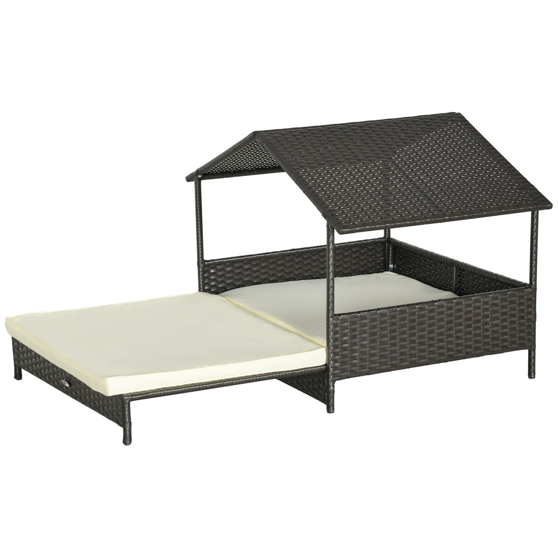 Rattan Dog House, Extendable Outdoor Wicker Dog Bed w/ Water-Resistant Roof, Removable Cushion, for Small and Medium Dogs - Cream White