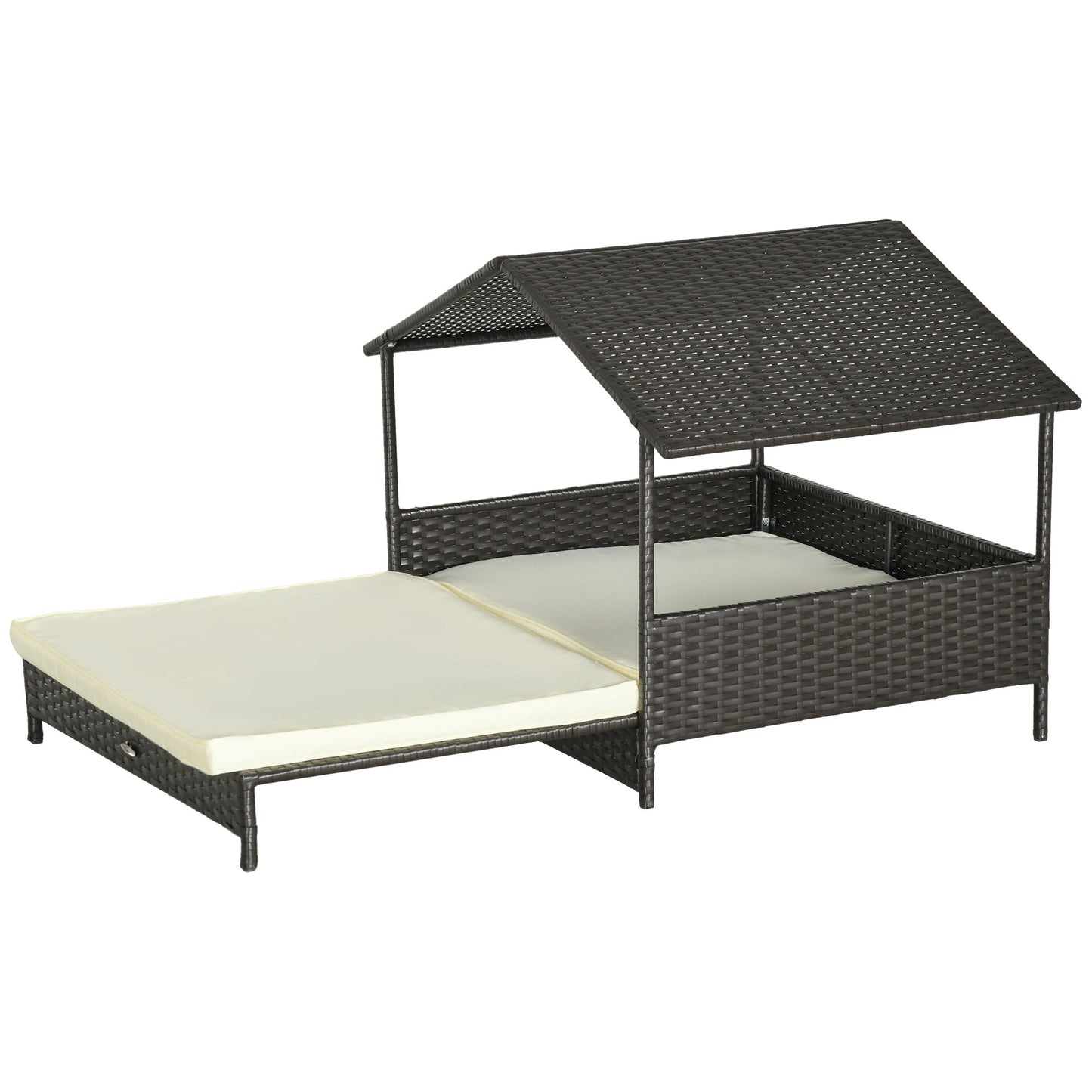 Rattan Dog House, Extendable Outdoor Wicker Dog Bed w/ Water-Resistant Roof, Removable Cushion, for Small and Medium Dogs - Cream White