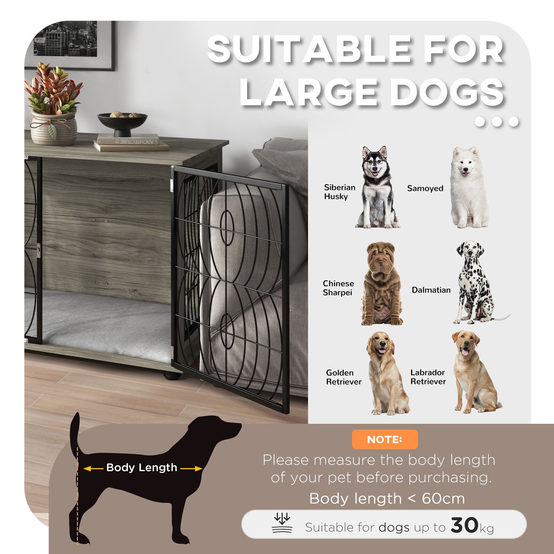 Dog Crate Furniture, Dog Cage End Table with Large Top, Soft Washable Cushion, Lockable Front Door, Wire Mesh Ventilation, Indoor Pet Crate for Large Sized, 100 x 60 x 74cm - Grey