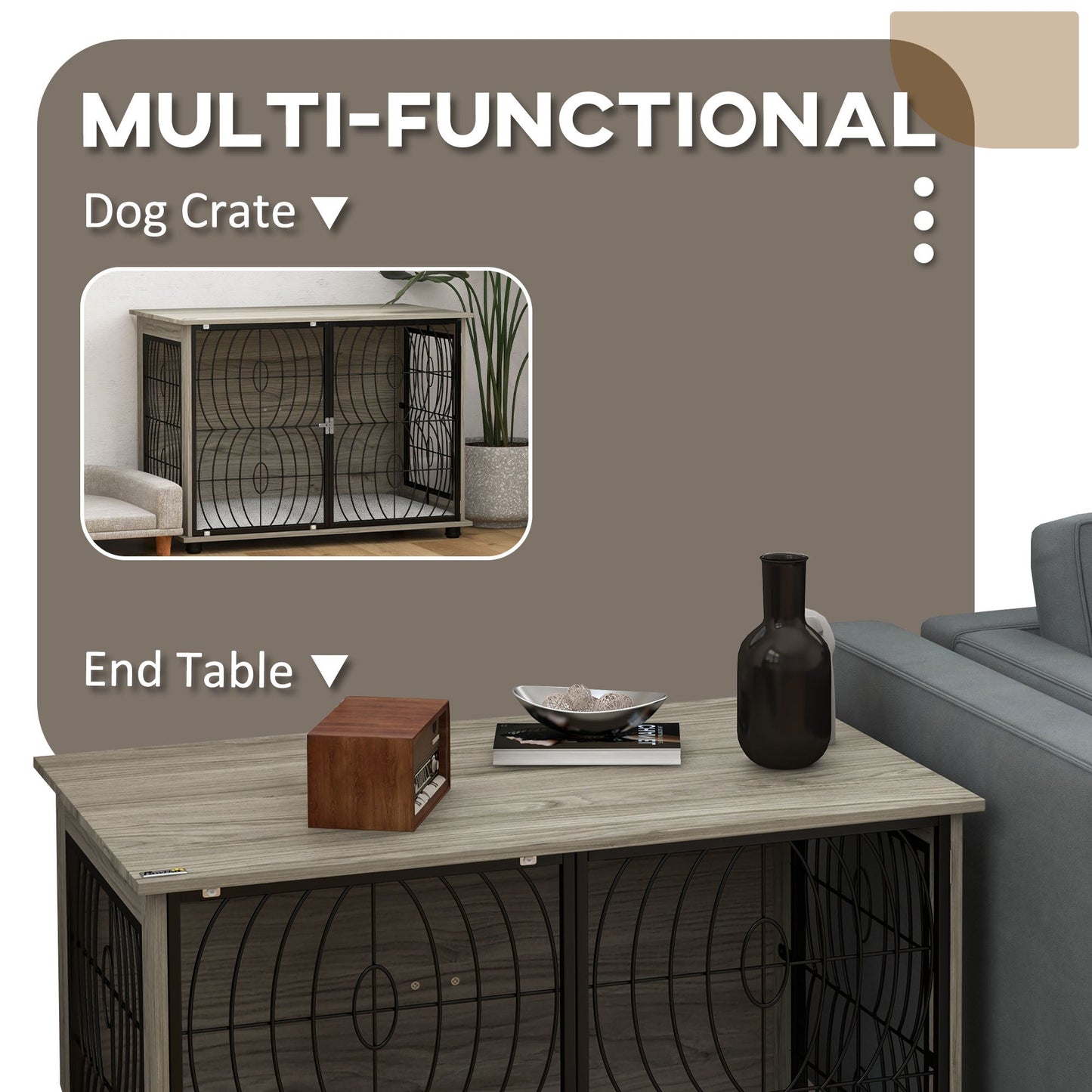 Dog Crate Furniture, Dog Cage End Table with Large Top, Soft Washable Cushion, Lockable Front Door, Wire Mesh Ventilation, Indoor Pet Crate for Large Sized, 100 x 60 x 74cm - Grey