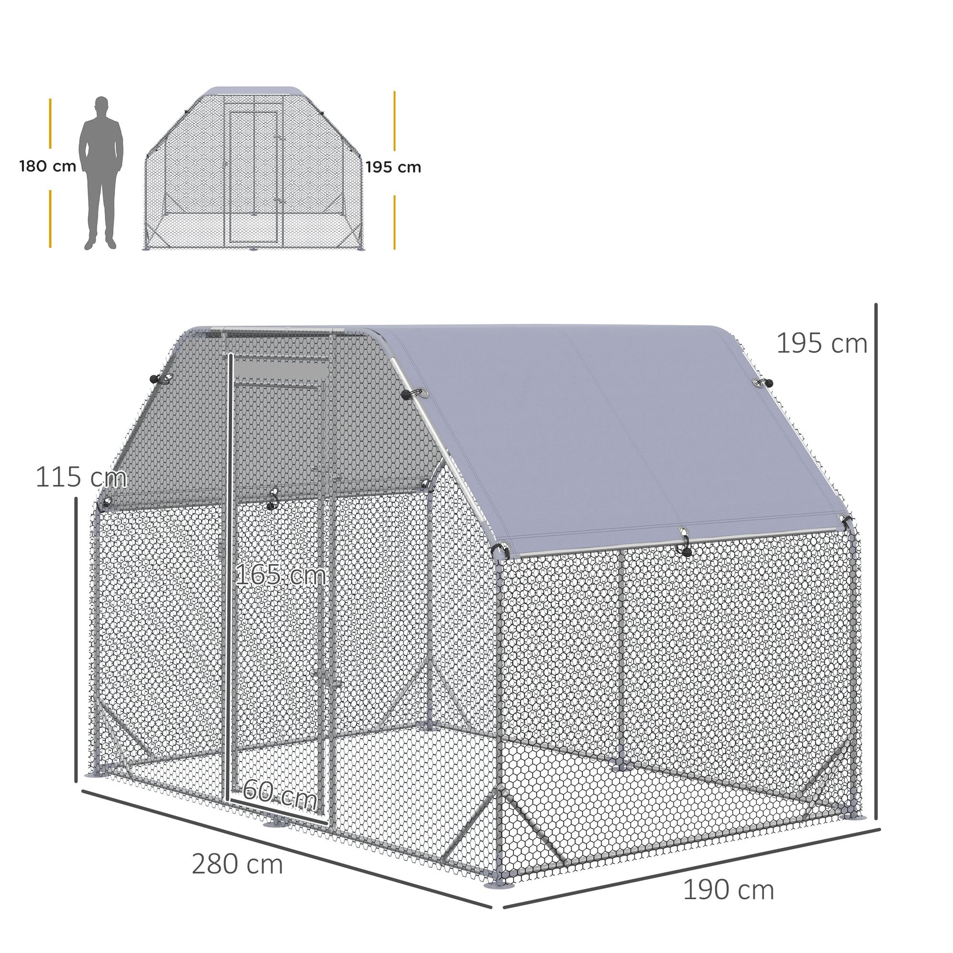 Walk in Chicken Run Chicken Coop Hen House Outdoor with Roof for 4-6 Chickens, 280 x 190 x 195cm