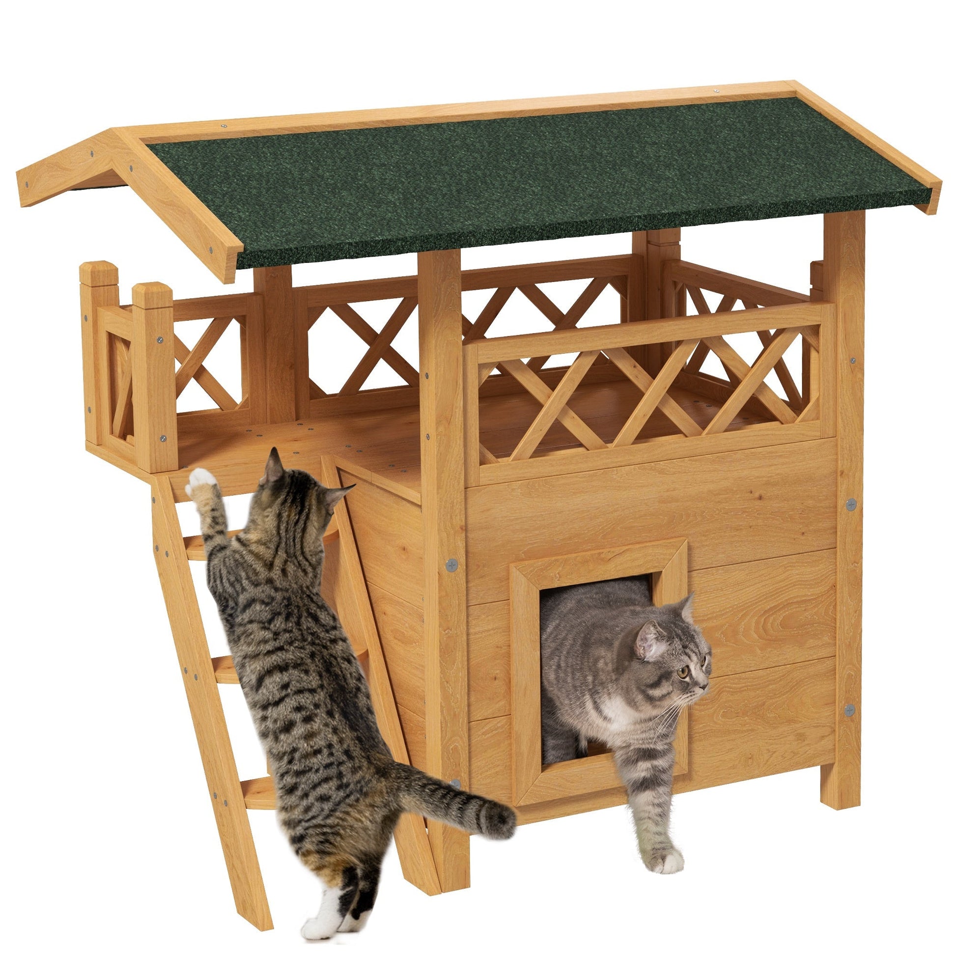 Outdoor Cat House Kitten Shelter Puppy Kennel with Balcony Stairs Asphalt Roof, 77 x 50 x 73 cm, Natural Wood Finish