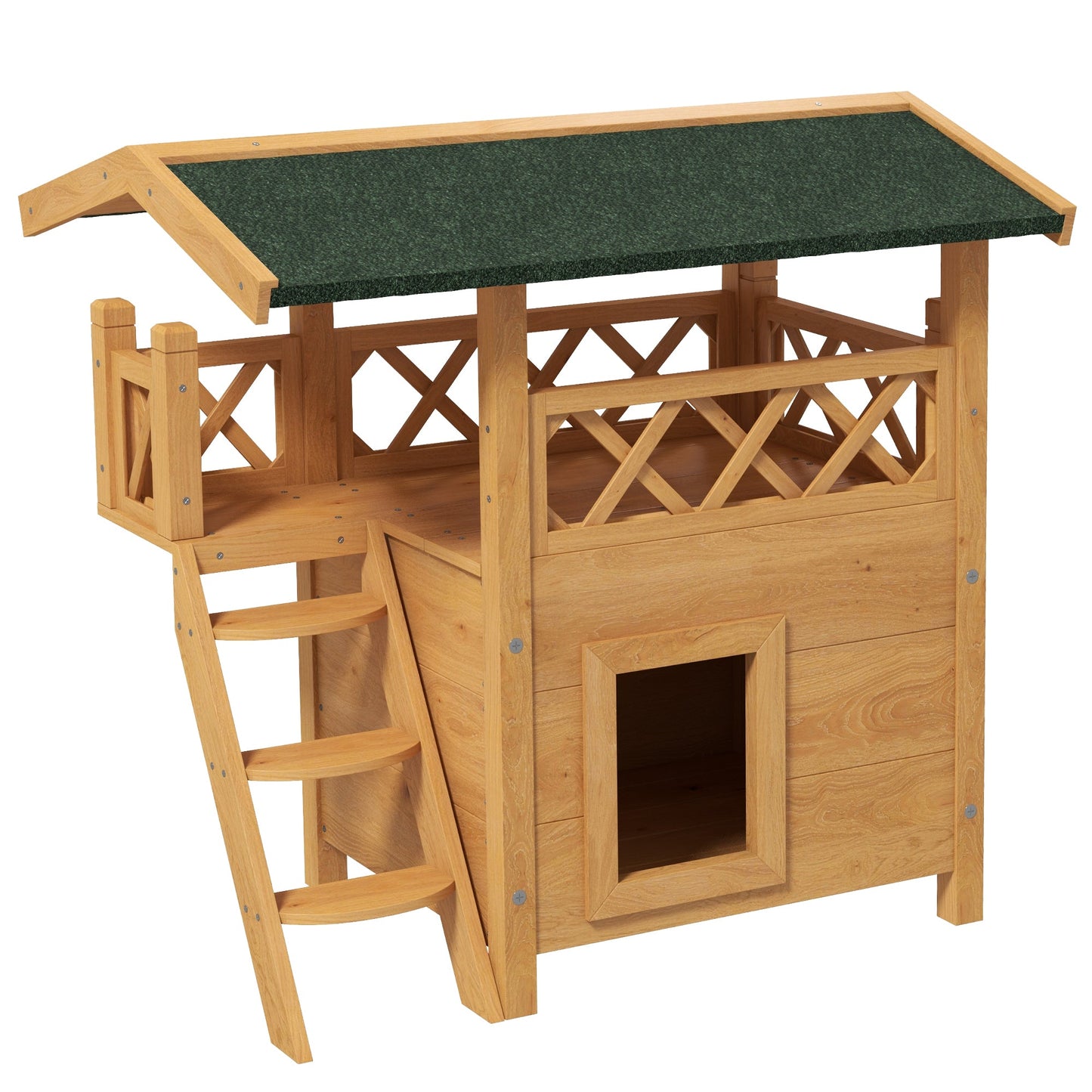 Outdoor Cat House Kitten Shelter Puppy Kennel with Balcony Stairs Asphalt Roof, 77 x 50 x 73 cm, Natural Wood Finish