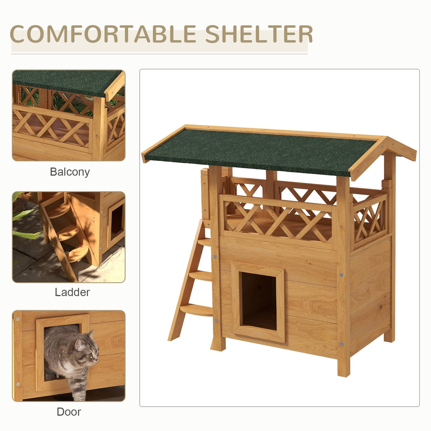 Outdoor Cat House Kitten Shelter Puppy Kennel with Balcony Stairs Asphalt Roof, 77 x 50 x 73 cm, Natural Wood Finish