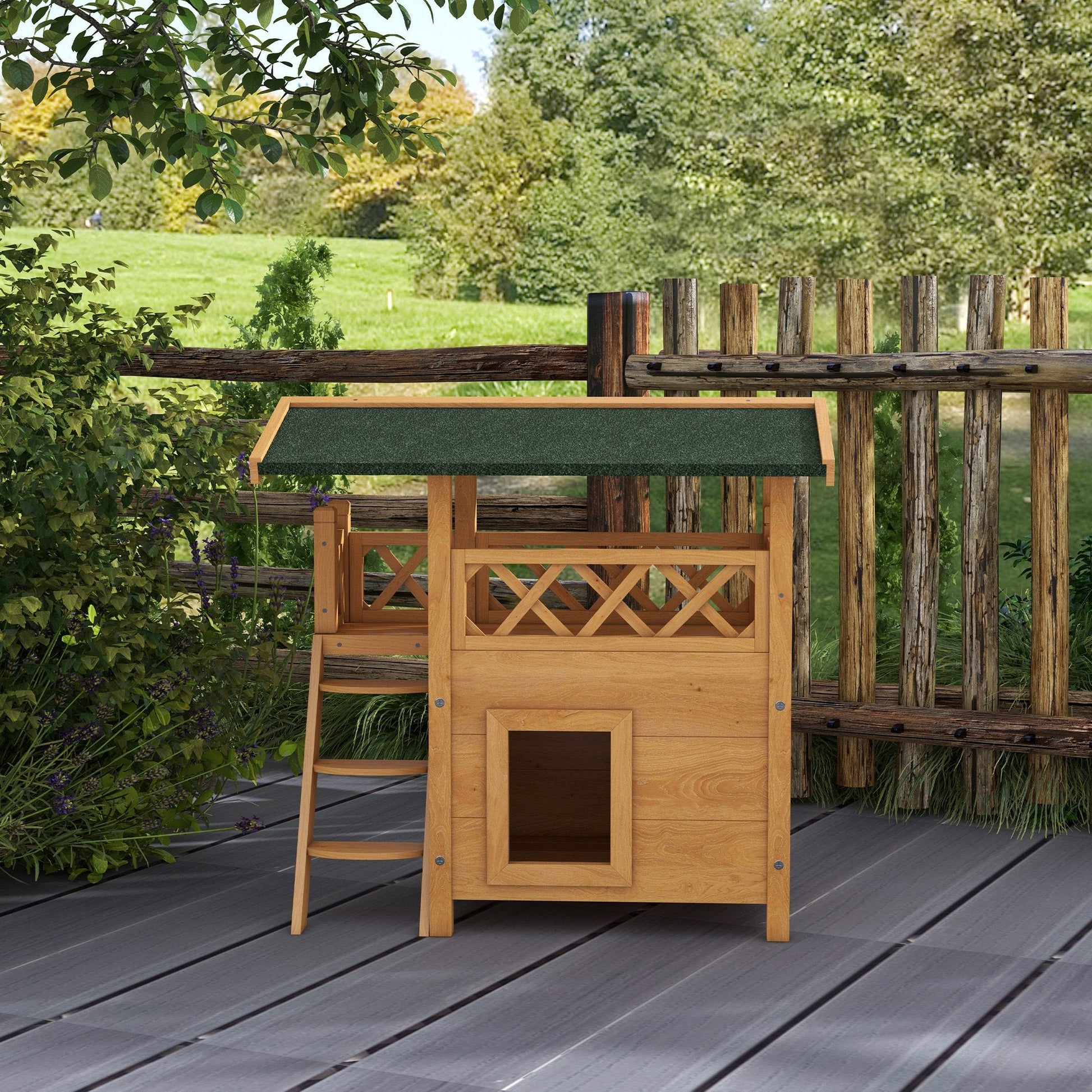 Outdoor Cat House Kitten Shelter Puppy Kennel with Balcony Stairs Asphalt Roof, 77 x 50 x 73 cm, Natural Wood Finish