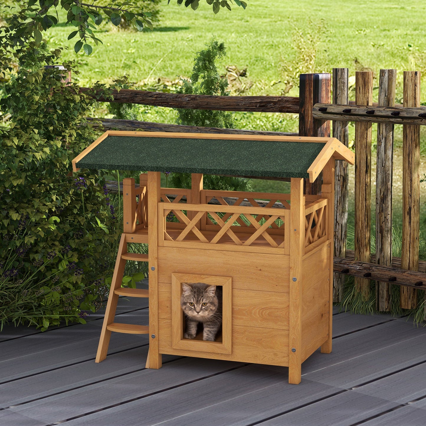 Outdoor Cat House Kitten Shelter Puppy Kennel with Balcony Stairs Asphalt Roof, 77 x 50 x 73 cm, Natural Wood Finish