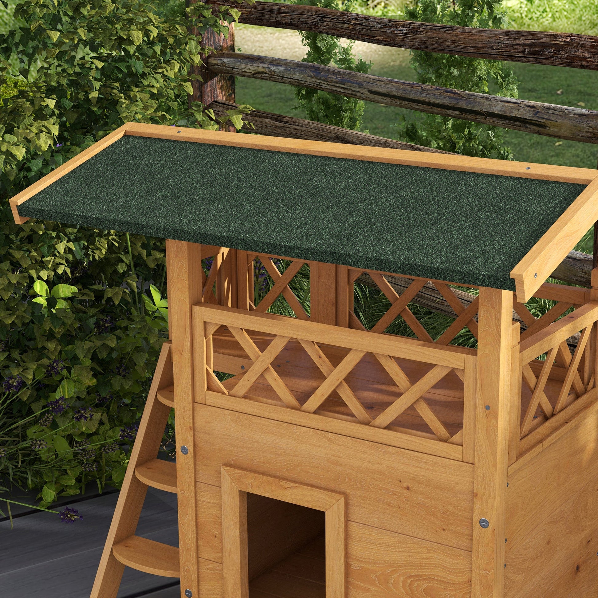 Outdoor Cat House Kitten Shelter Puppy Kennel with Balcony Stairs Asphalt Roof, 77 x 50 x 73 cm, Natural Wood Finish