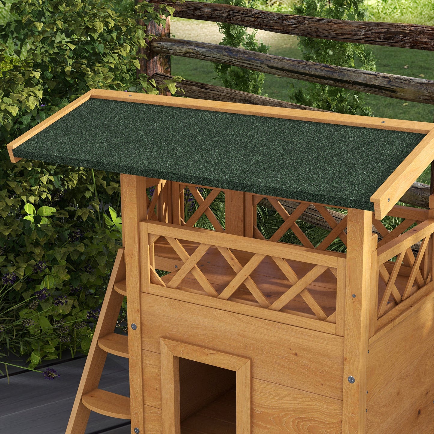 Outdoor Cat House Kitten Shelter Puppy Kennel with Balcony Stairs Asphalt Roof, 77 x 50 x 73 cm, Natural Wood Finish