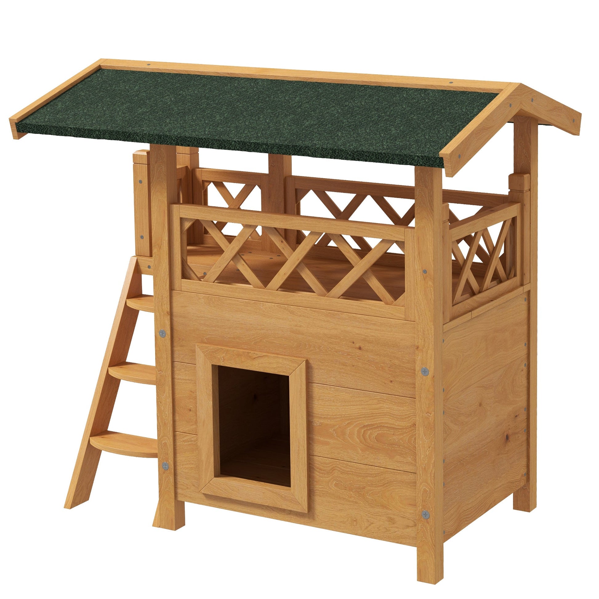 Outdoor Cat House Kitten Shelter Puppy Kennel with Balcony Stairs Asphalt Roof, 77 x 50 x 73 cm, Natural Wood Finish