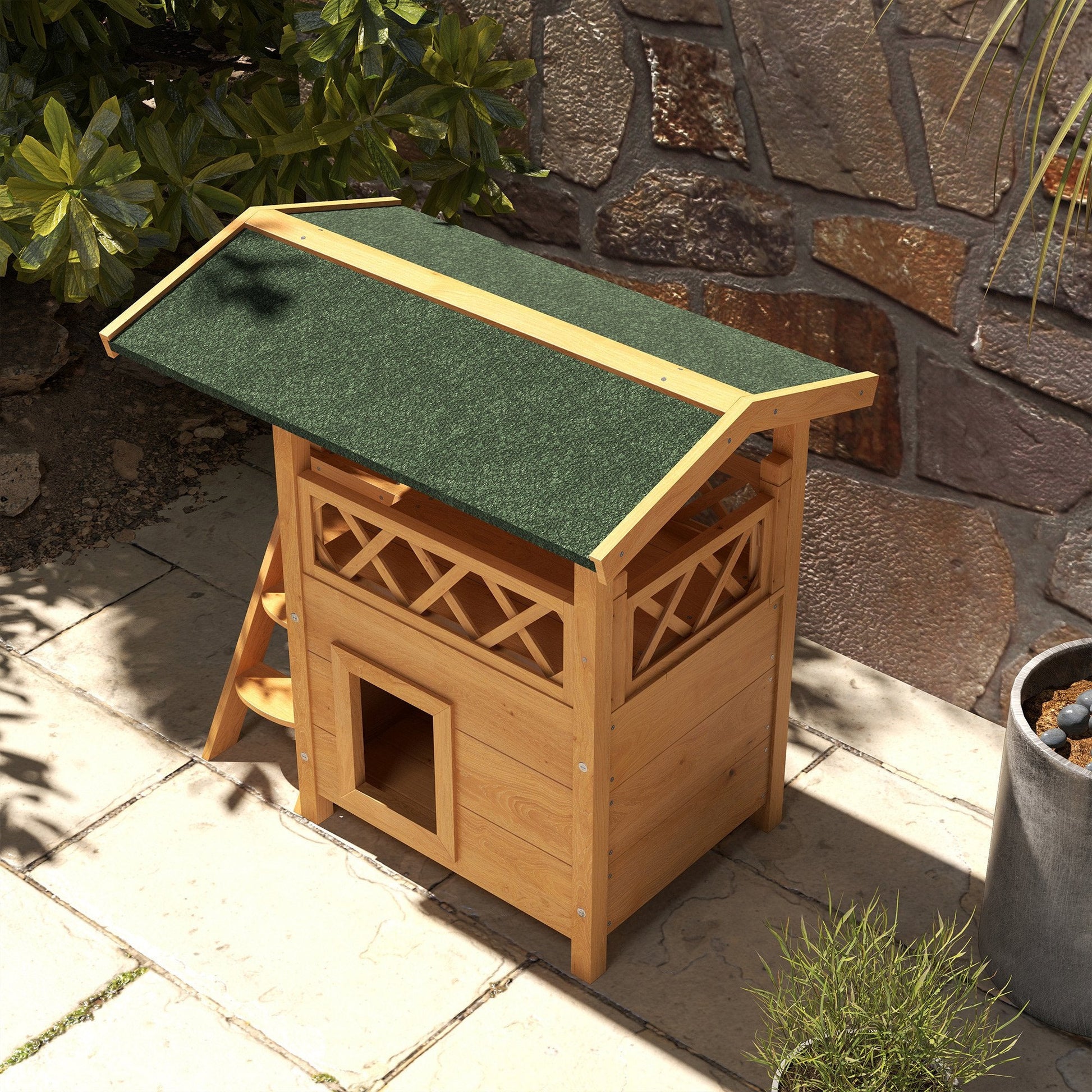 Outdoor Cat House Kitten Shelter Puppy Kennel with Balcony Stairs Asphalt Roof, 77 x 50 x 73 cm, Natural Wood Finish